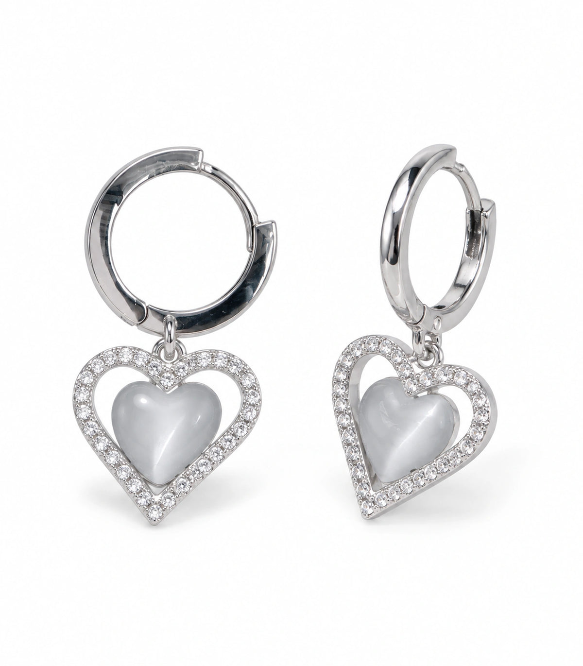 JIMIKI Heart Crystal Frame Drop Hoop Earring Pair in Silver-tone / Grey, white background product view #color_silver-tone / grey