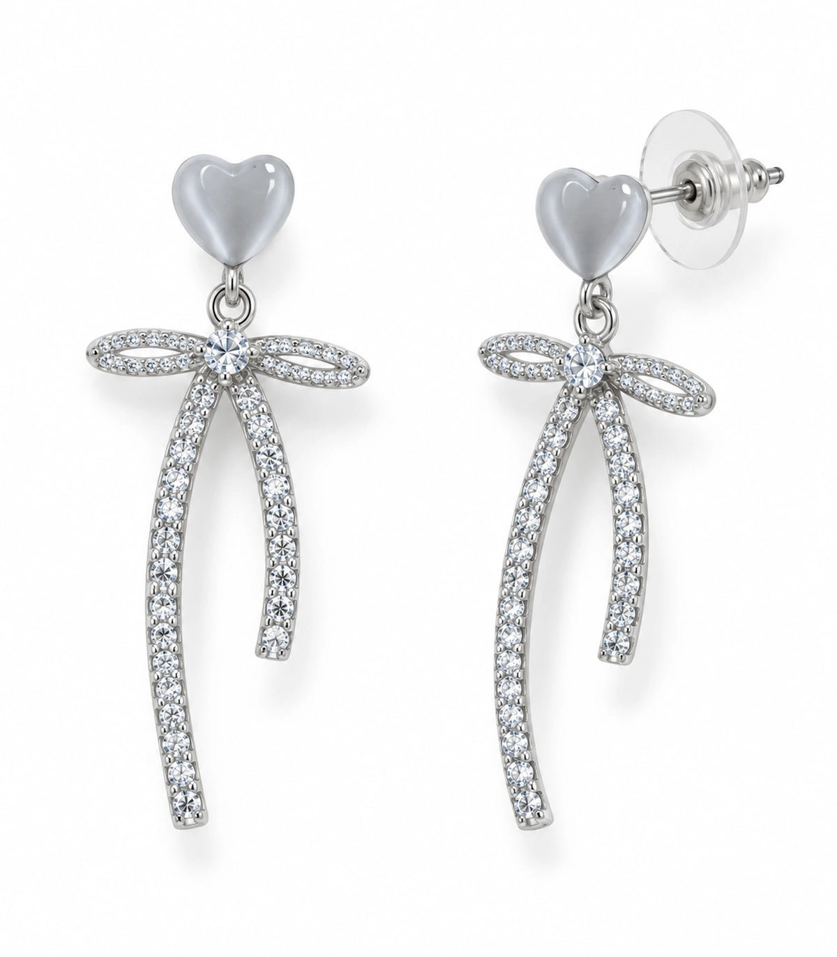 JIMIKI Heart Crystal Ribbon Bow Drop Earring Pair in Silver-tone / Grey, white background product view #color_silver-tone / grey