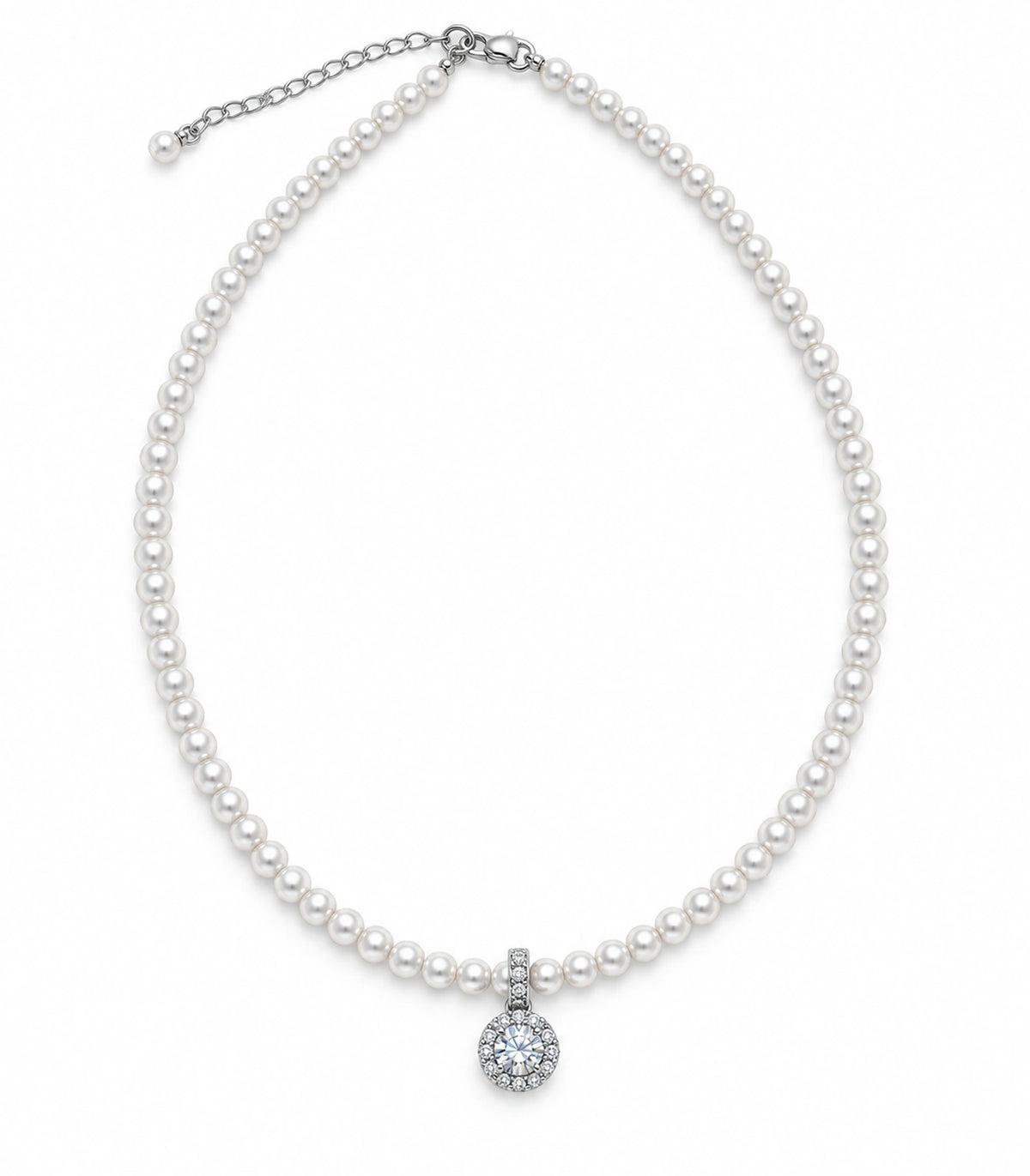 JIMIKI Silver-Tone Halo Crystal Pearl Necklace in Silver-tone / clear / white, on a white background