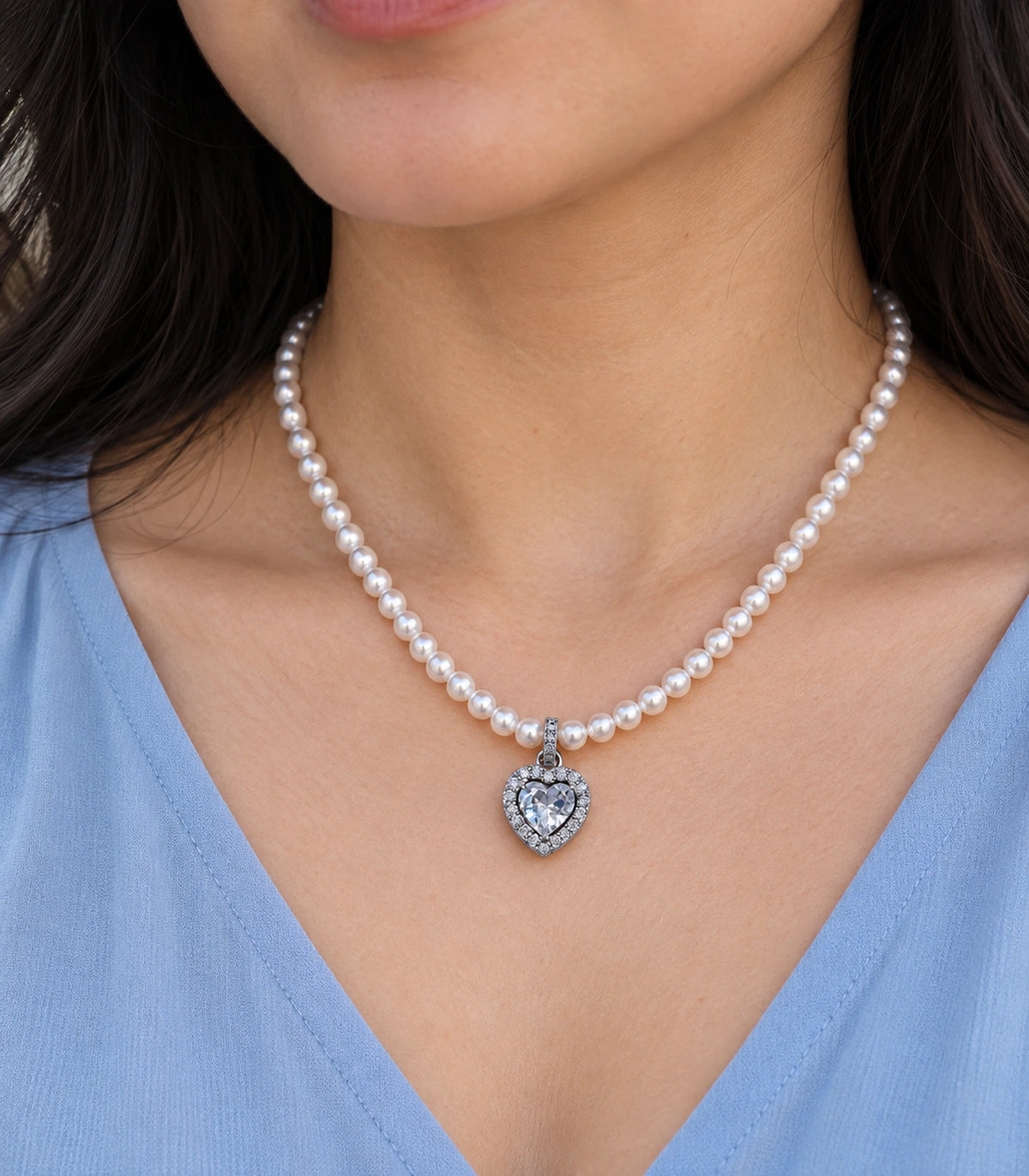 JIMIKI Silver Tone Heart Halo Crystal Pearl Style Necklace in Silver / White, close-up detail