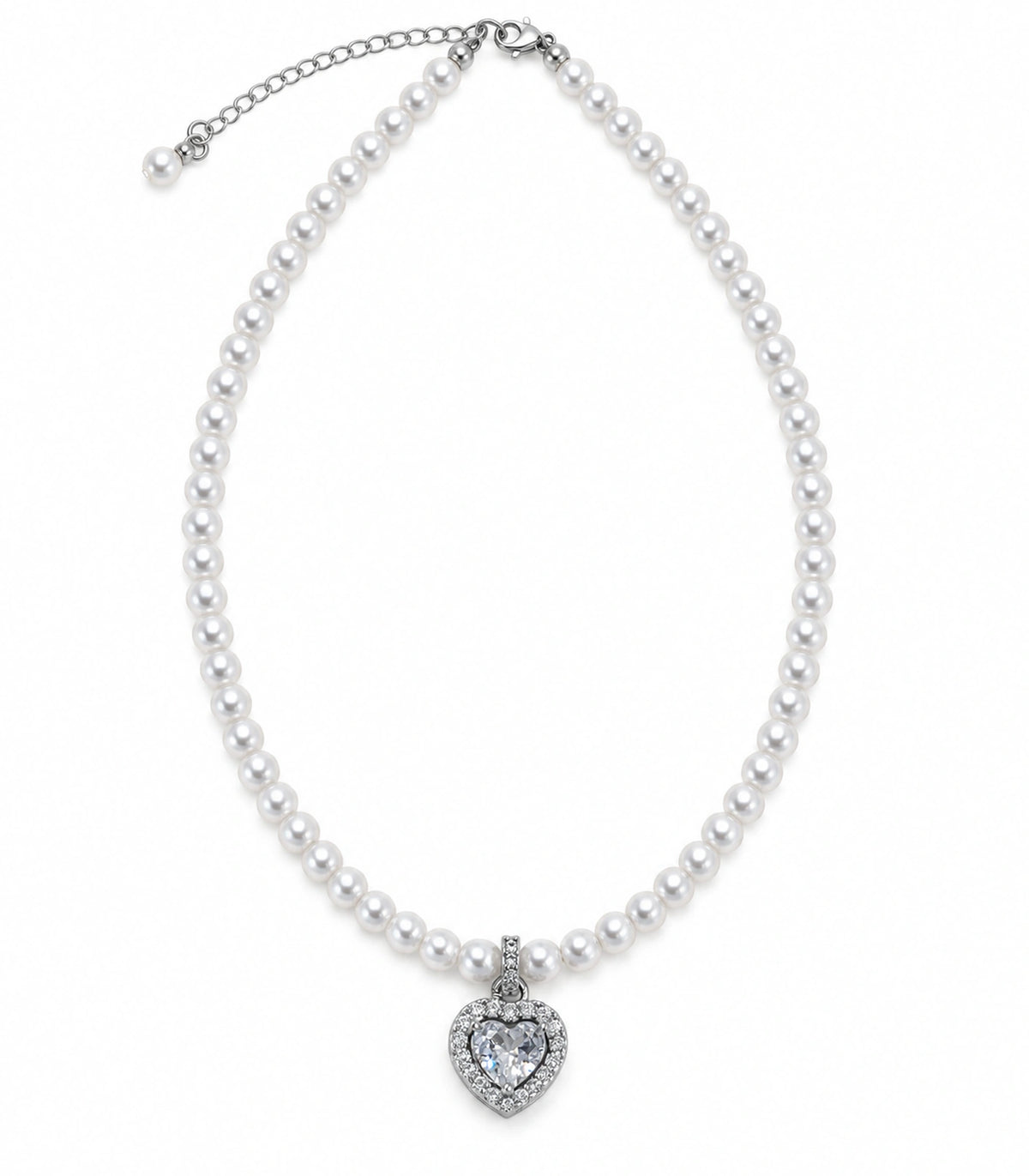 JIMIKI Silver Tone Heart Halo Crystal Pearl Style Necklace in Silver / White, white background product view