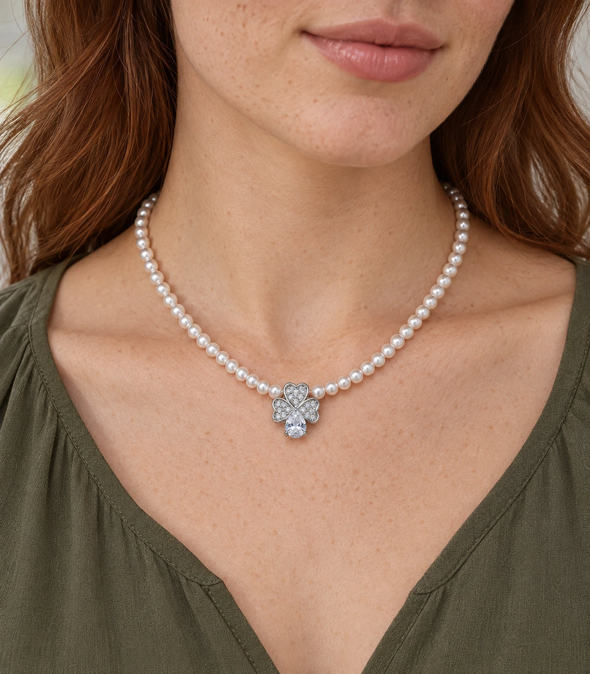 JIMIKI Silver Tone Heart Petal Crystal Drop Pearl Necklace in Silver / White, model wearing view