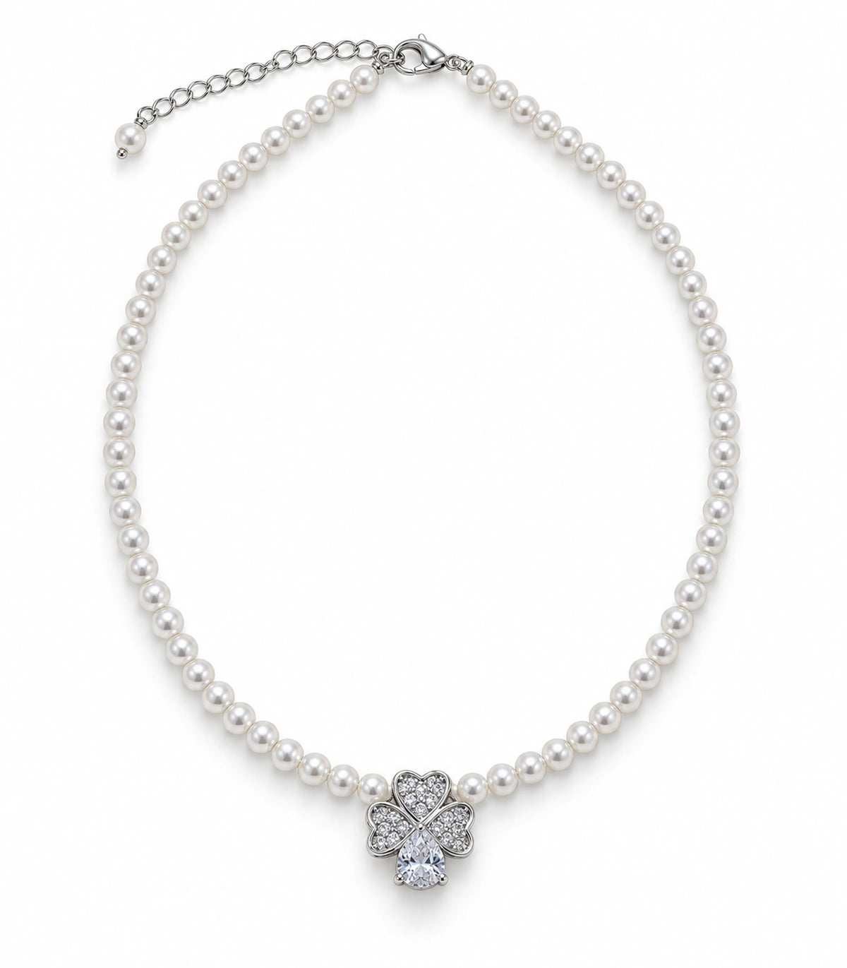 JIMIKI Silver Tone Heart Petal Crystal Drop Pearl Necklace in Silver / White, white background product view
