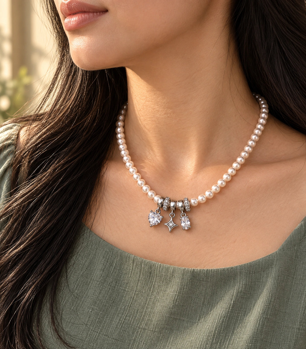 JIMIKI Silver Tone Heart Star Crystal Charm Pearl Necklace in Silver / White, editorial model view