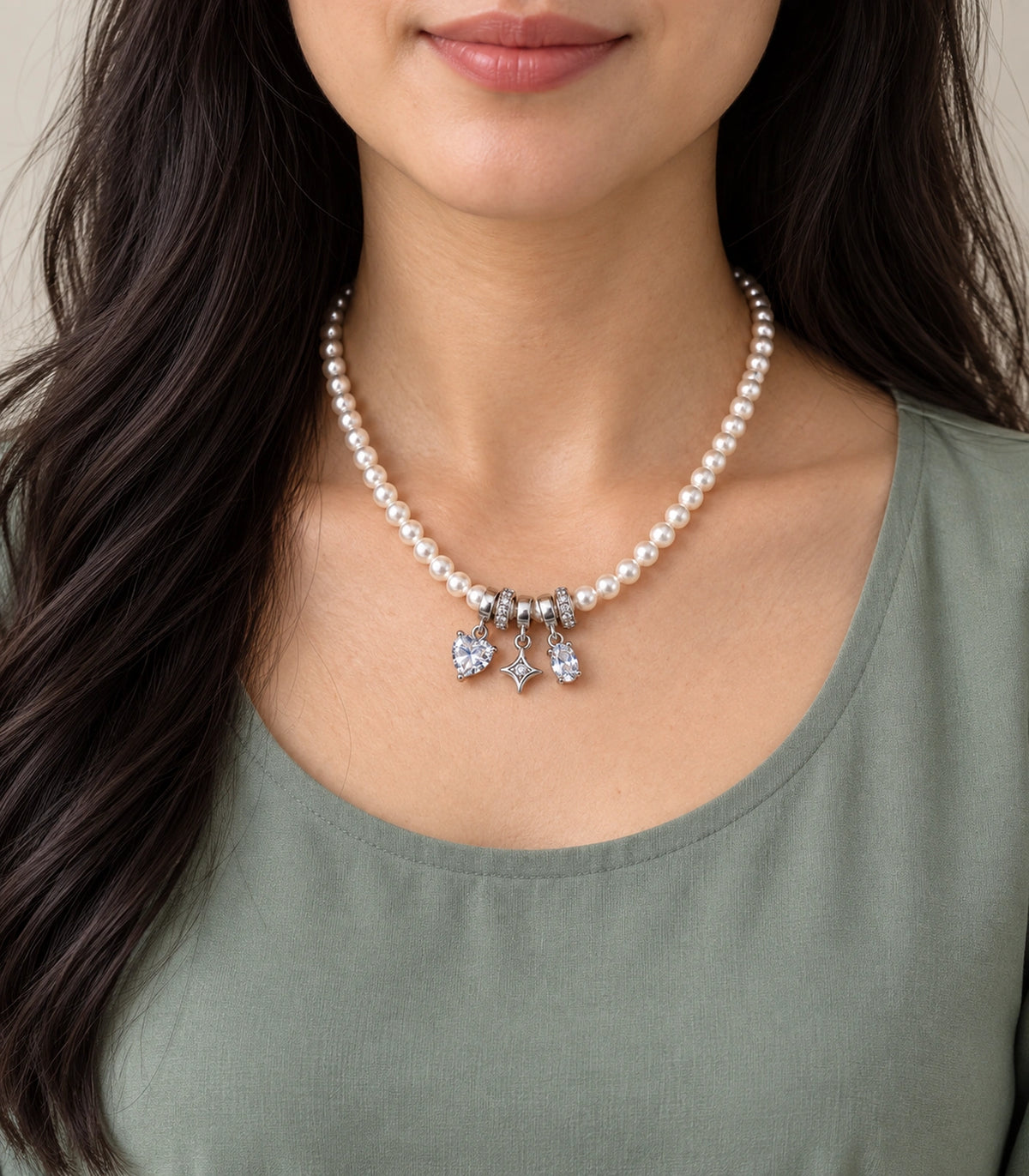 JIMIKI Silver Tone Heart Star Crystal Charm Pearl Necklace in Silver / White, model wearing view
