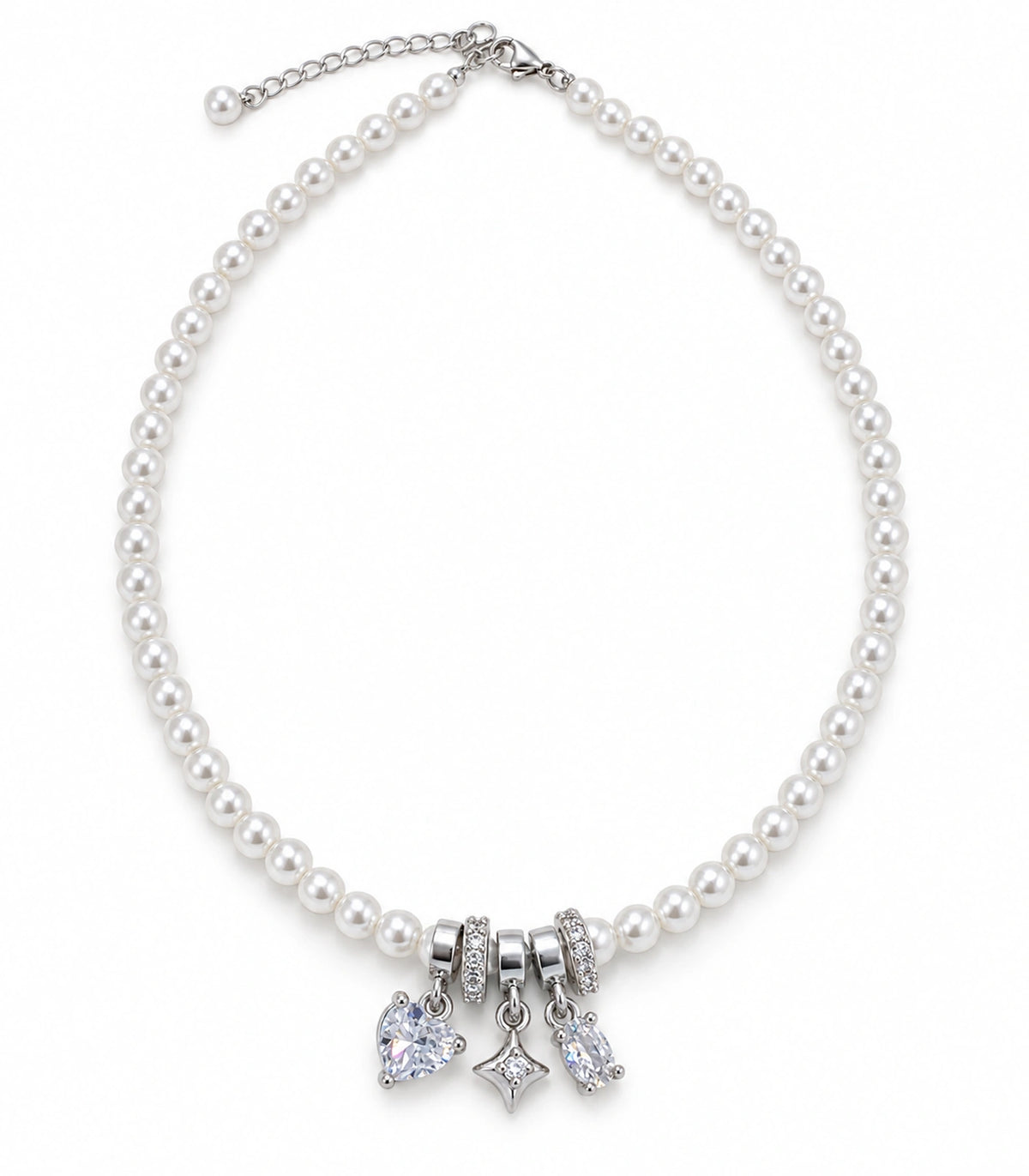 JIMIKI Silver Tone Heart Star Crystal Charm Pearl Necklace in Silver / White, white background product view