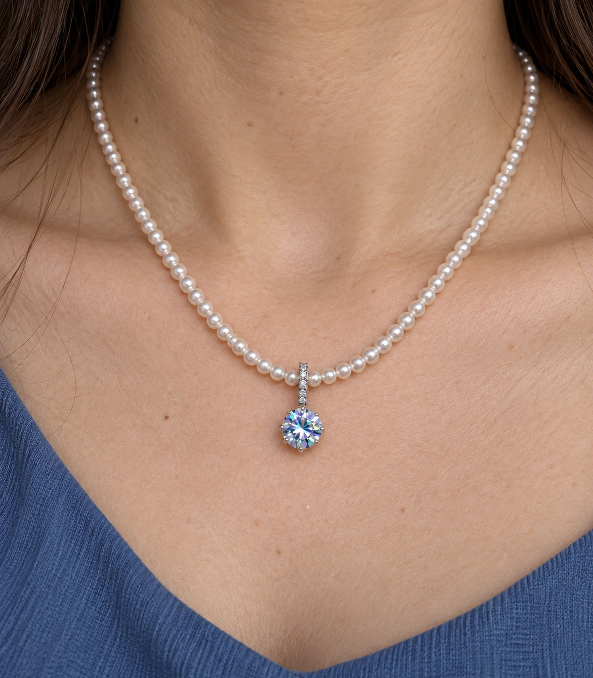 JIMIKI Silver Tone Iridescent Round Crystal Pearl Style Necklace in Silver tone / white / iridescent crystal, close-up detail