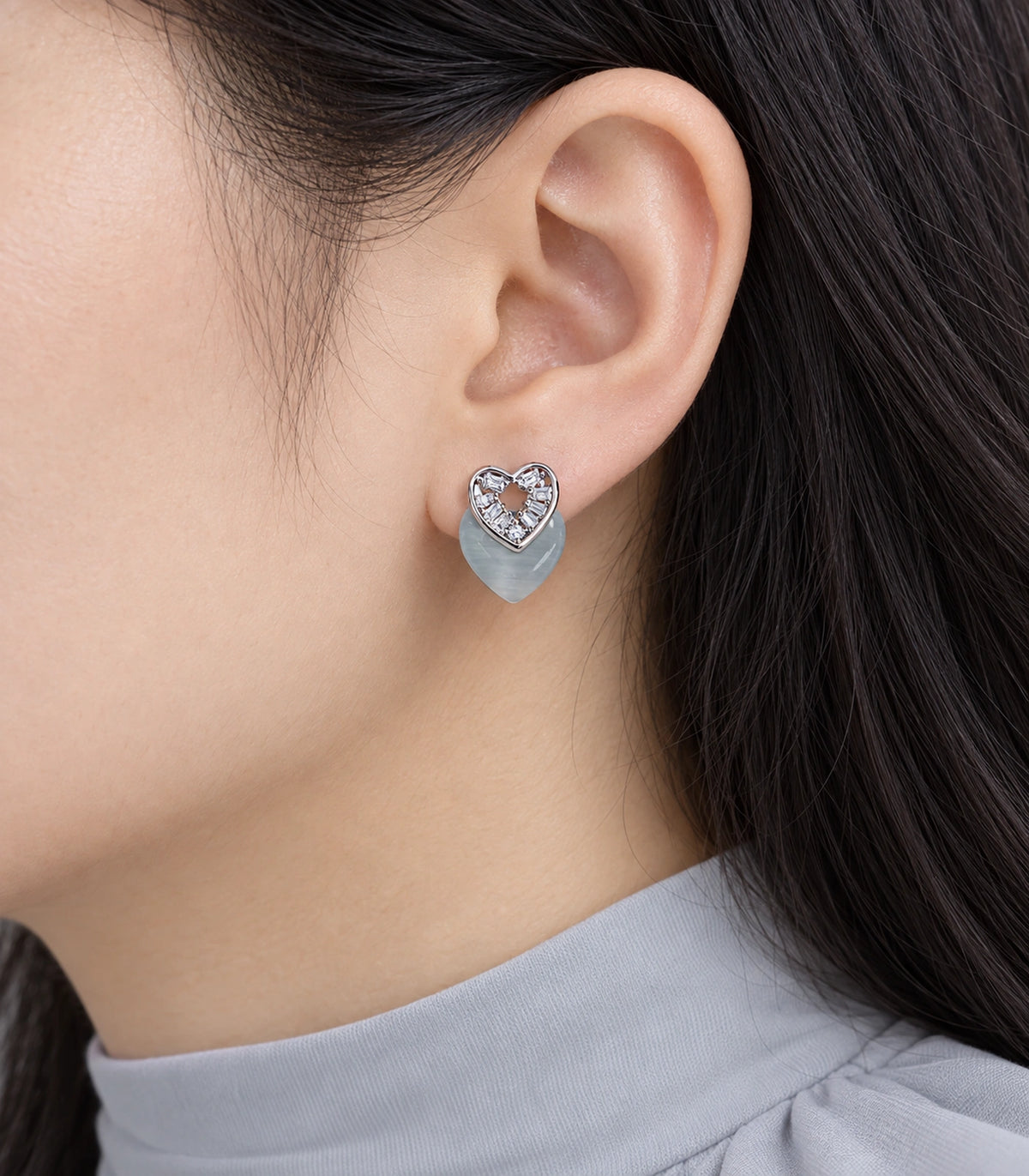 JIMIKI Silver-Tone Layered Crystal Grey Heart Stud Earring Pair in Silver Tone, close-up detail