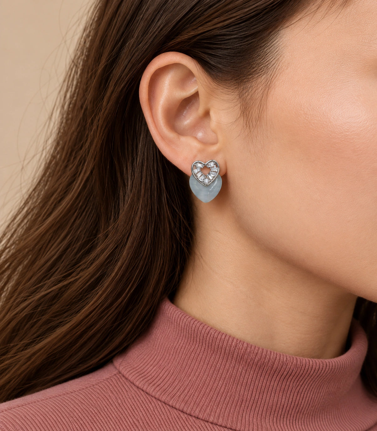 JIMIKI Silver-Tone Layered Crystal Grey Heart Stud Earring Pair in Silver Tone, editorial model view