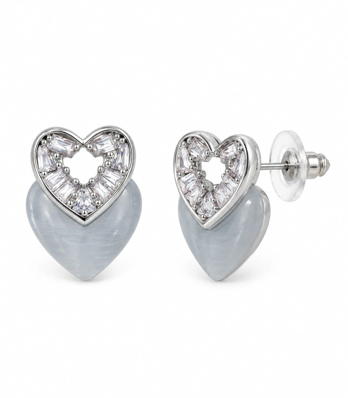 JIMIKI Silver-Tone Layered Crystal Grey Heart Stud Earring Pair in Silver Tone, white background product view
