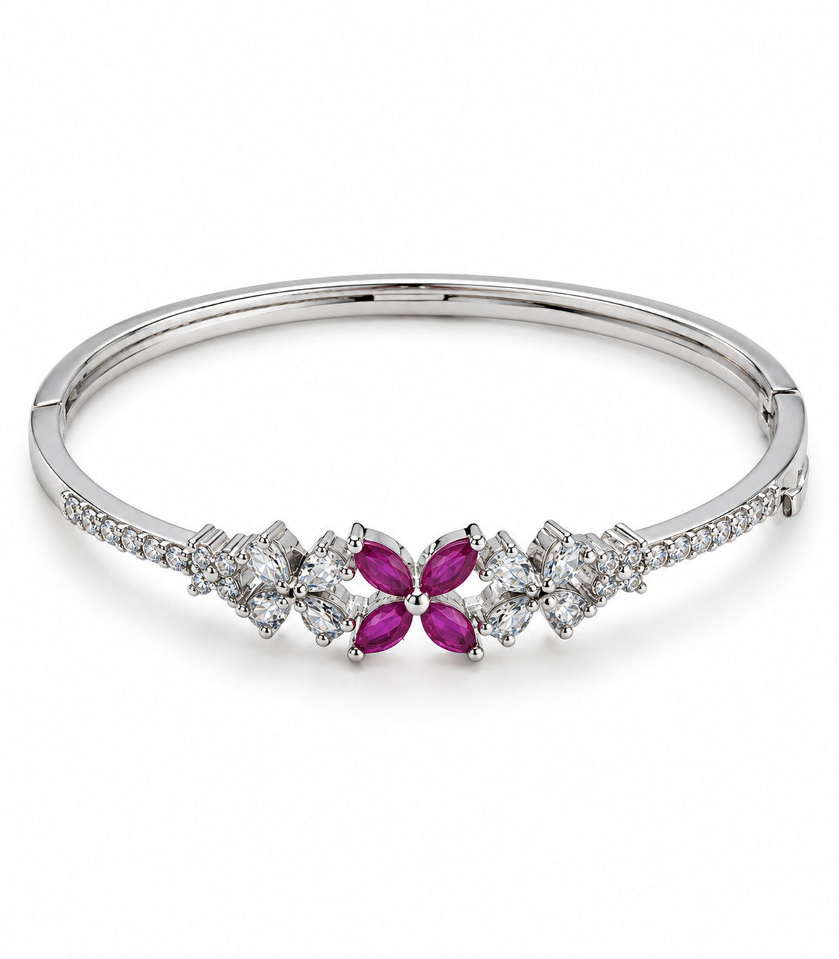 Single silver-tone oval bangle with magenta four-petal centre and clear flower clusters on white