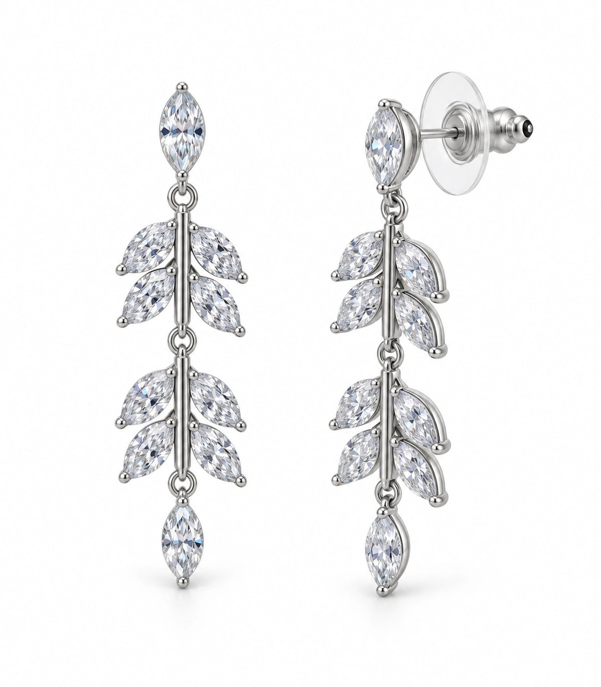 JIMIKI Marquise Crystal Leaf Drop Earring Pair in Silver tone, white background product view #color_silver tone