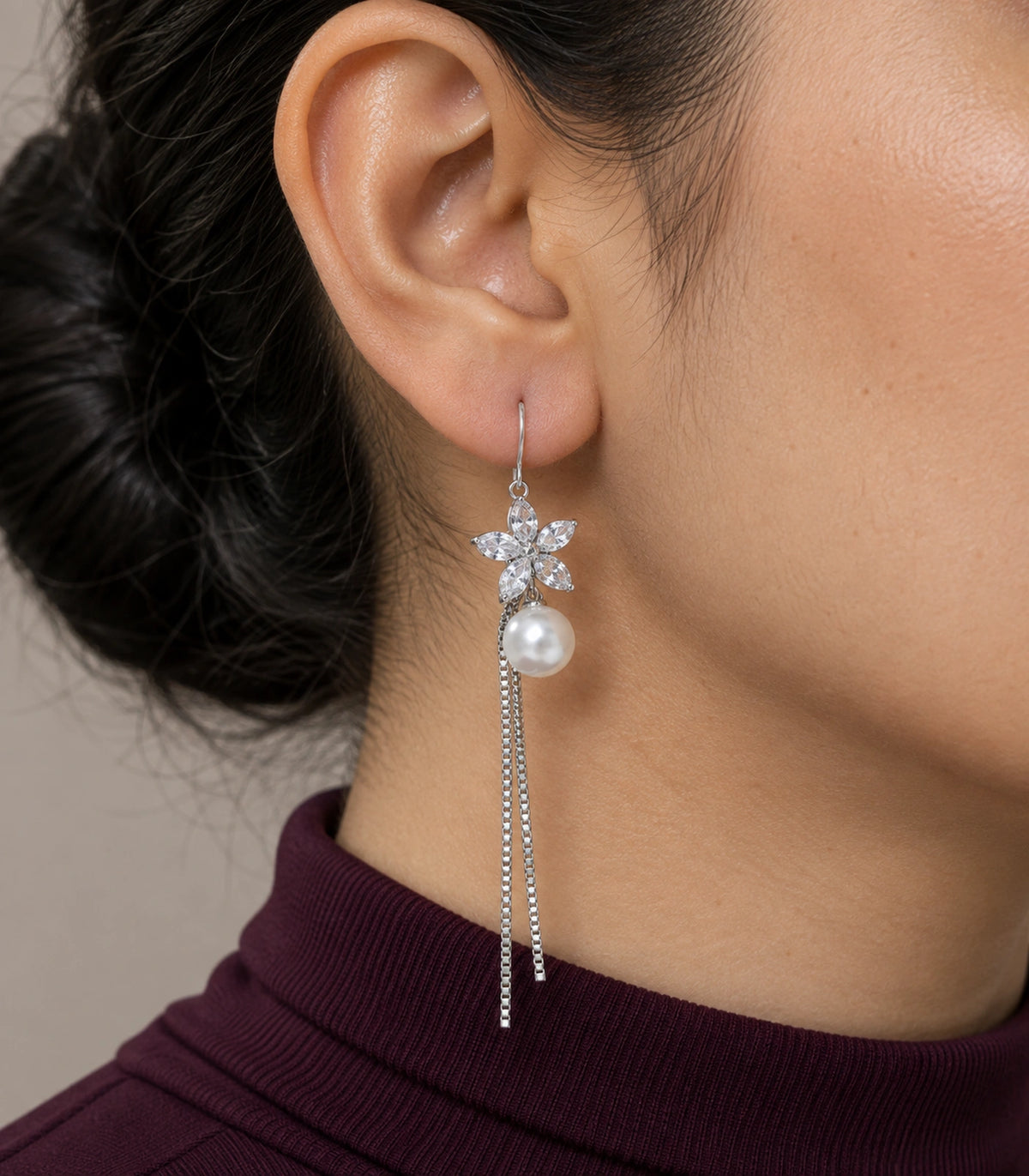JIMIKI Silver Tone Marquise Flower Pearl Twin Chain Earring Pair in Silver-tone, close-up detail