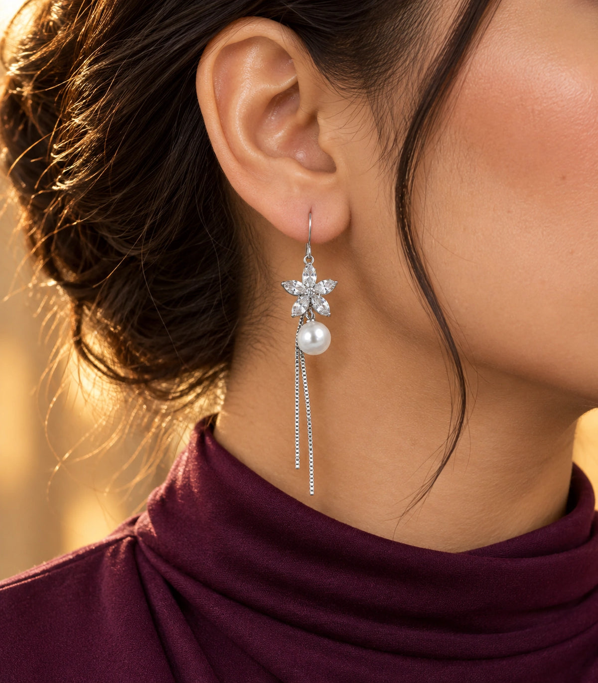 JIMIKI Silver Tone Marquise Flower Pearl Twin Chain Earring Pair in Silver-tone, editorial model view