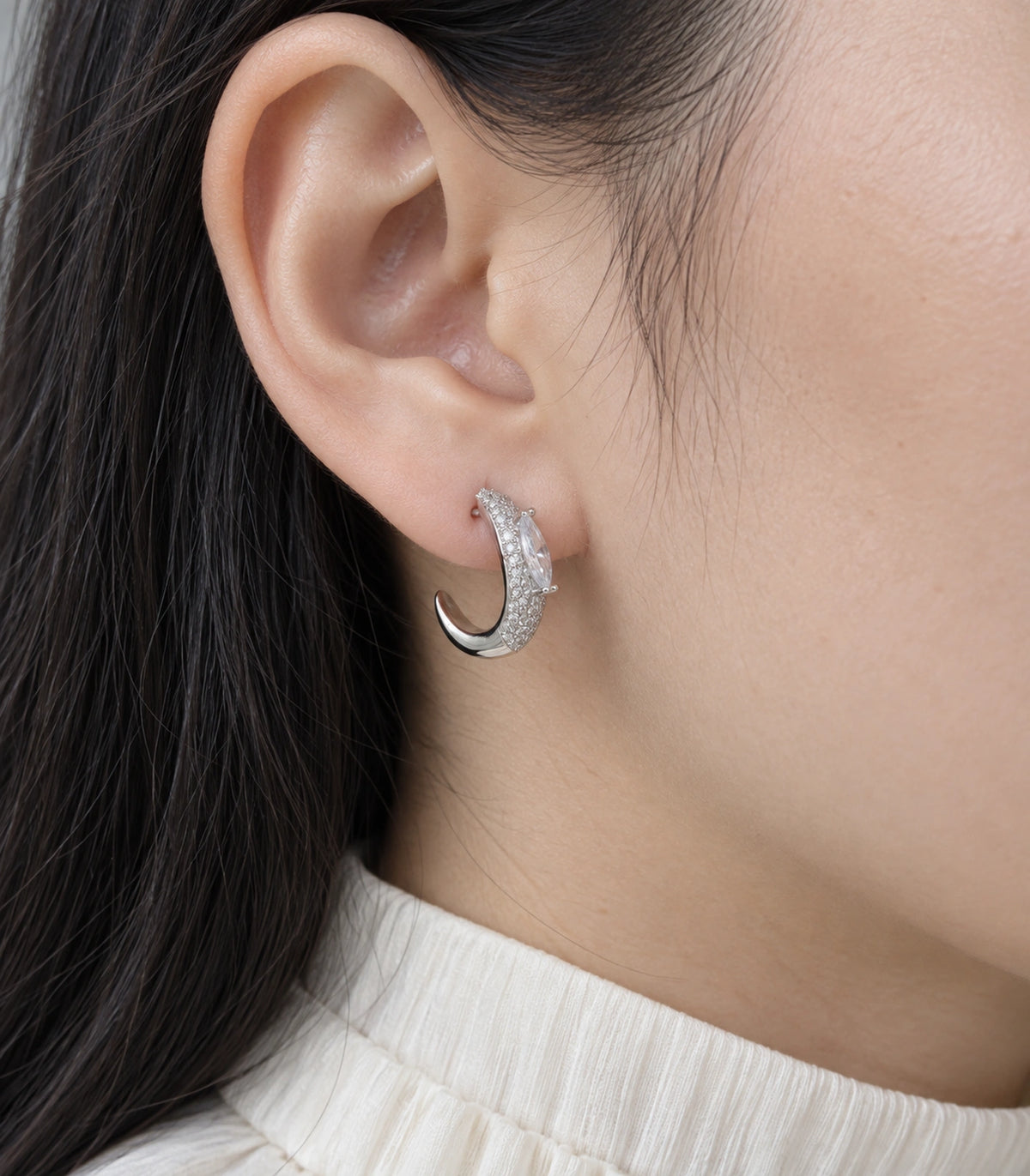 JIMIKI marquise pave open hoop earring pair in silver tone close-up detail #color_silver tone