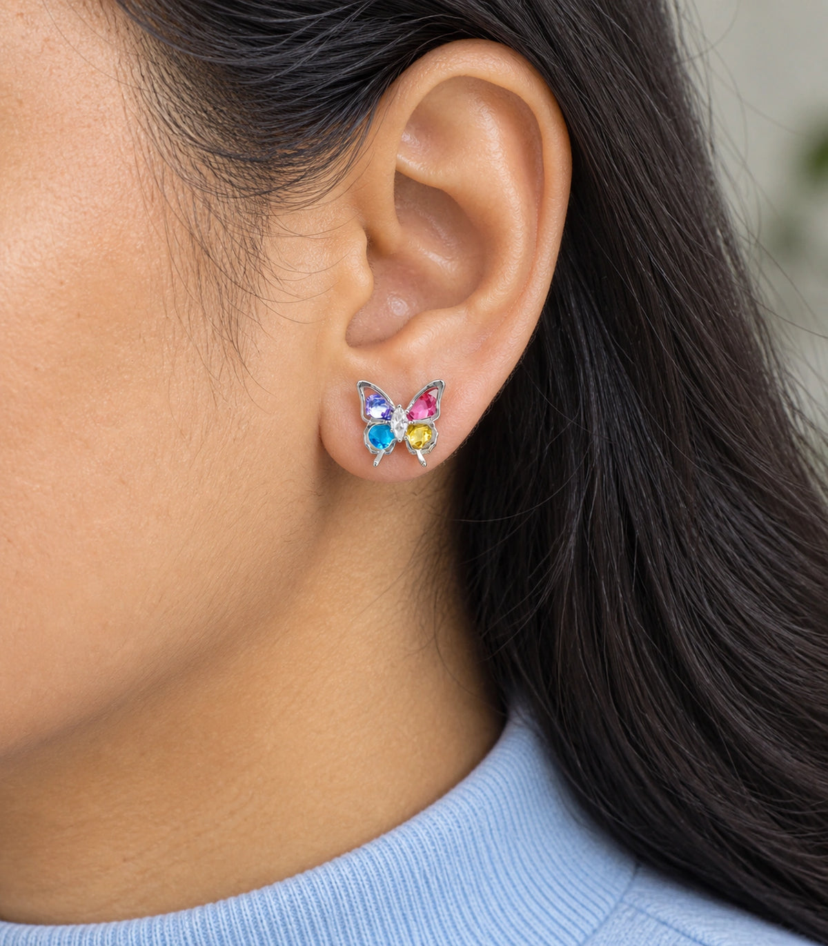JIMIKI Silver Tone Multicolour Crystal Butterfly Stud Earring Pair in Silver tone, close-up detail