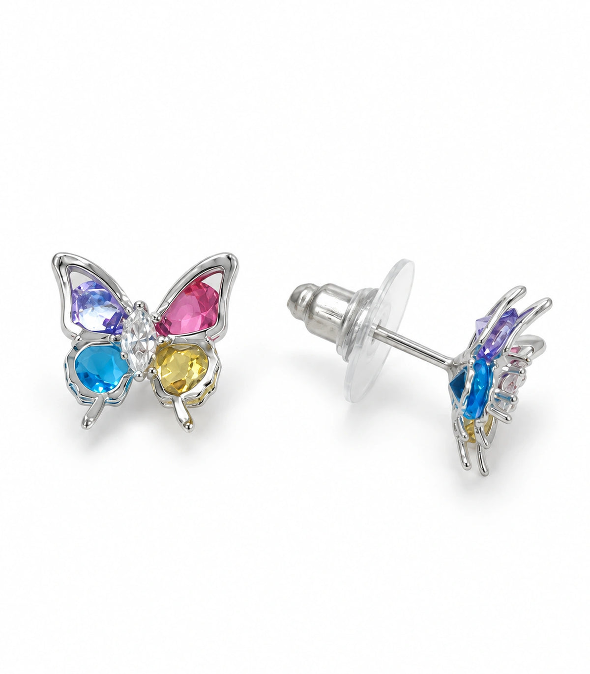 JIMIKI Silver Tone Multicolour Crystal Butterfly Stud Earring Pair in Silver tone, white background product view