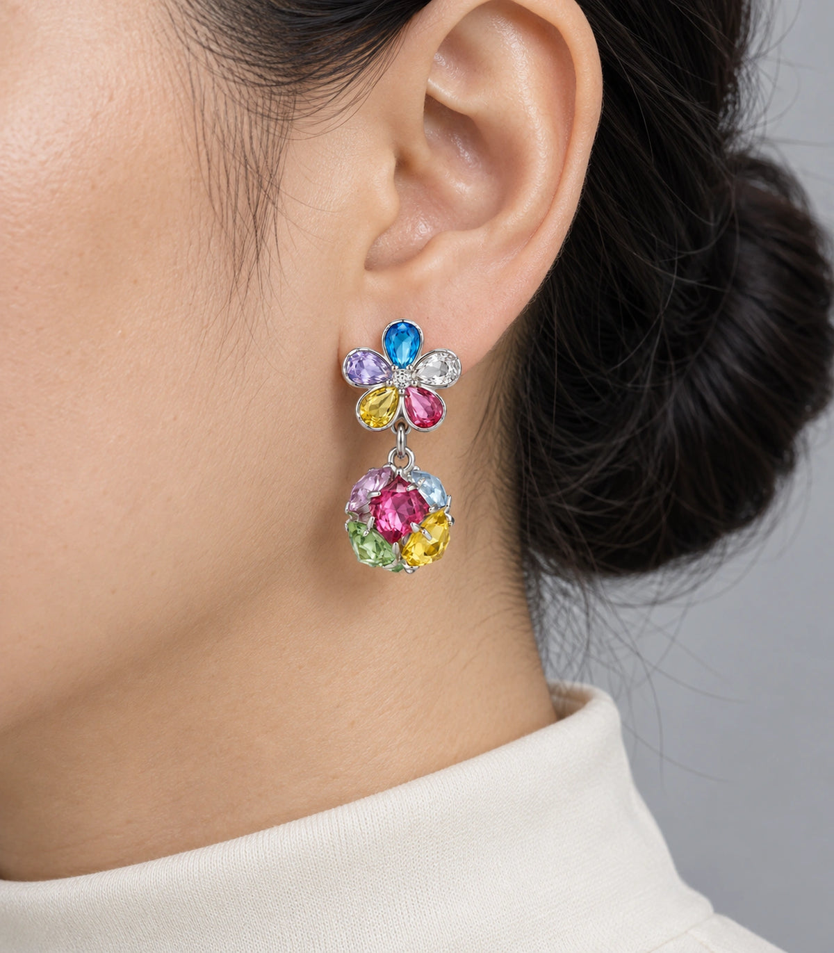JIMIKI Silver Tone Multicolour Flower Cluster Ball Drop Earring Pair in Silver tone / multicolour, close-up detail