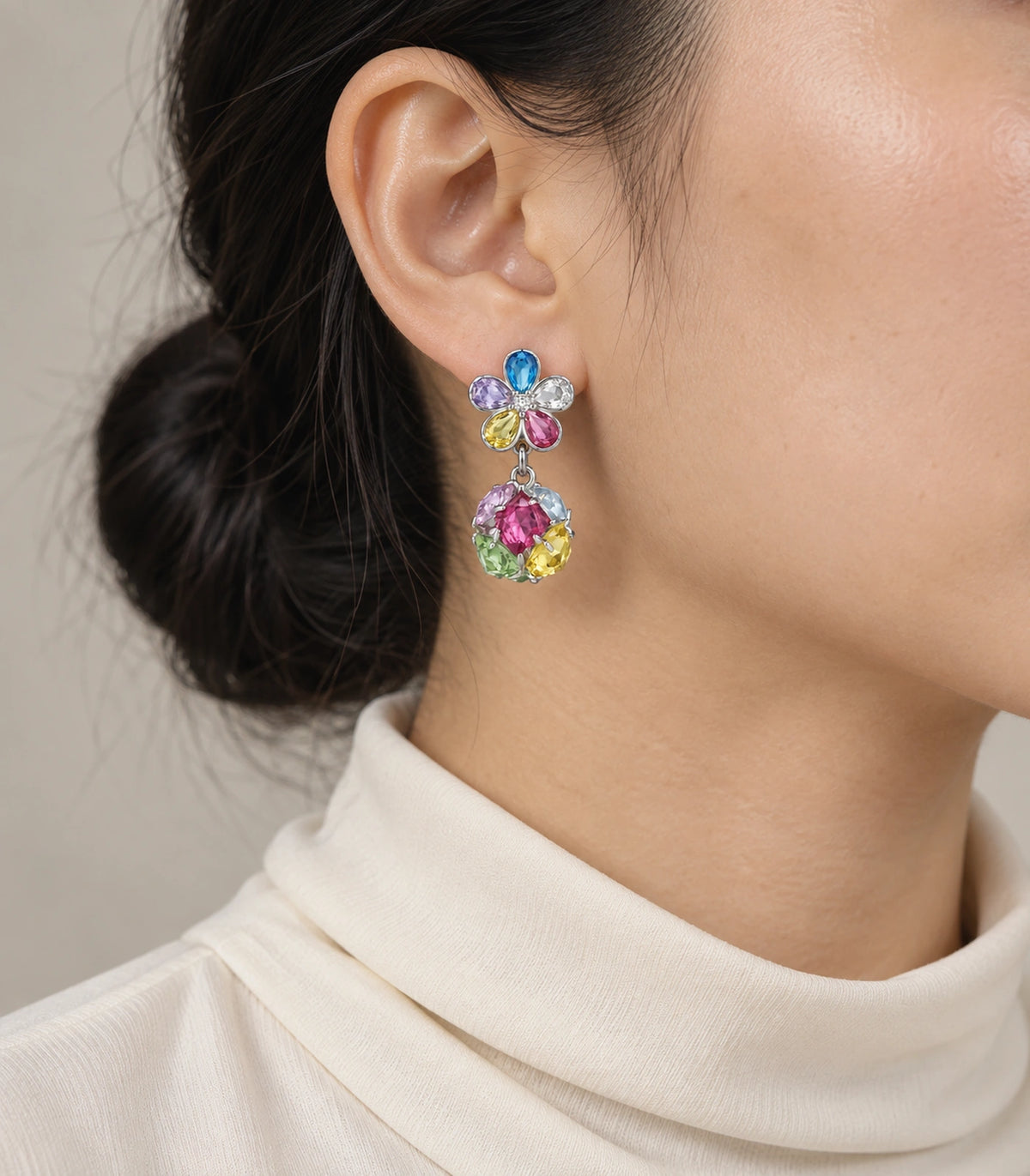 JIMIKI Silver Tone Multicolour Flower Cluster Ball Drop Earring Pair in Silver tone / multicolour, model wearing view