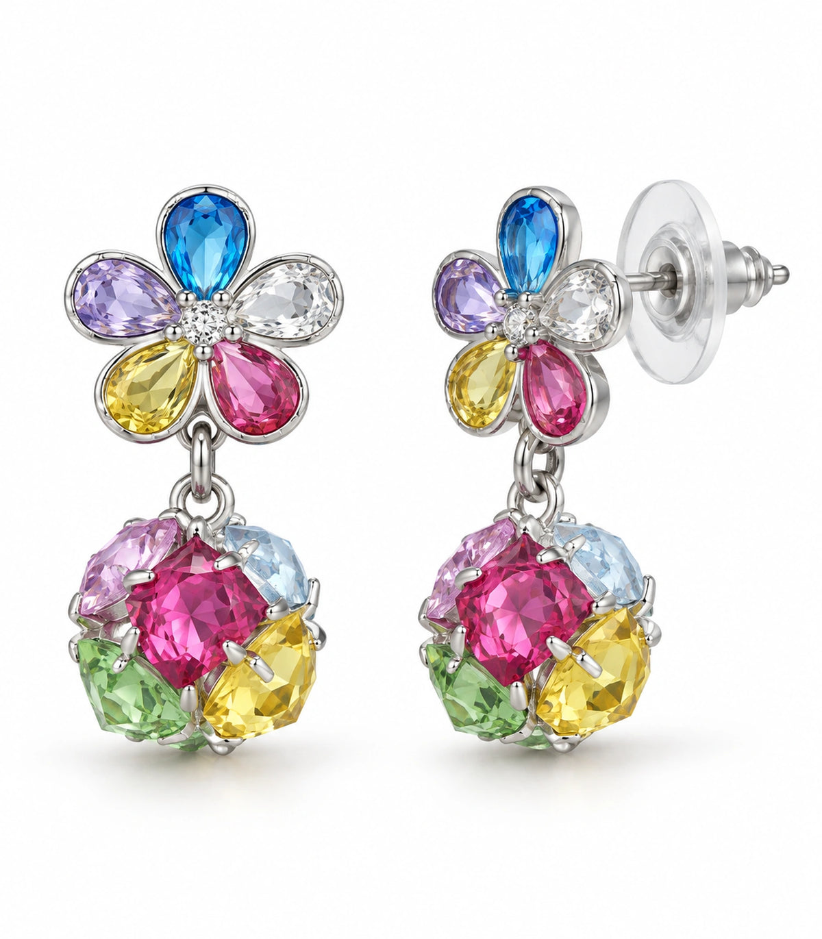 JIMIKI Silver Tone Multicolour Flower Cluster Ball Drop Earring Pair in Silver tone / multicolour, white background product view