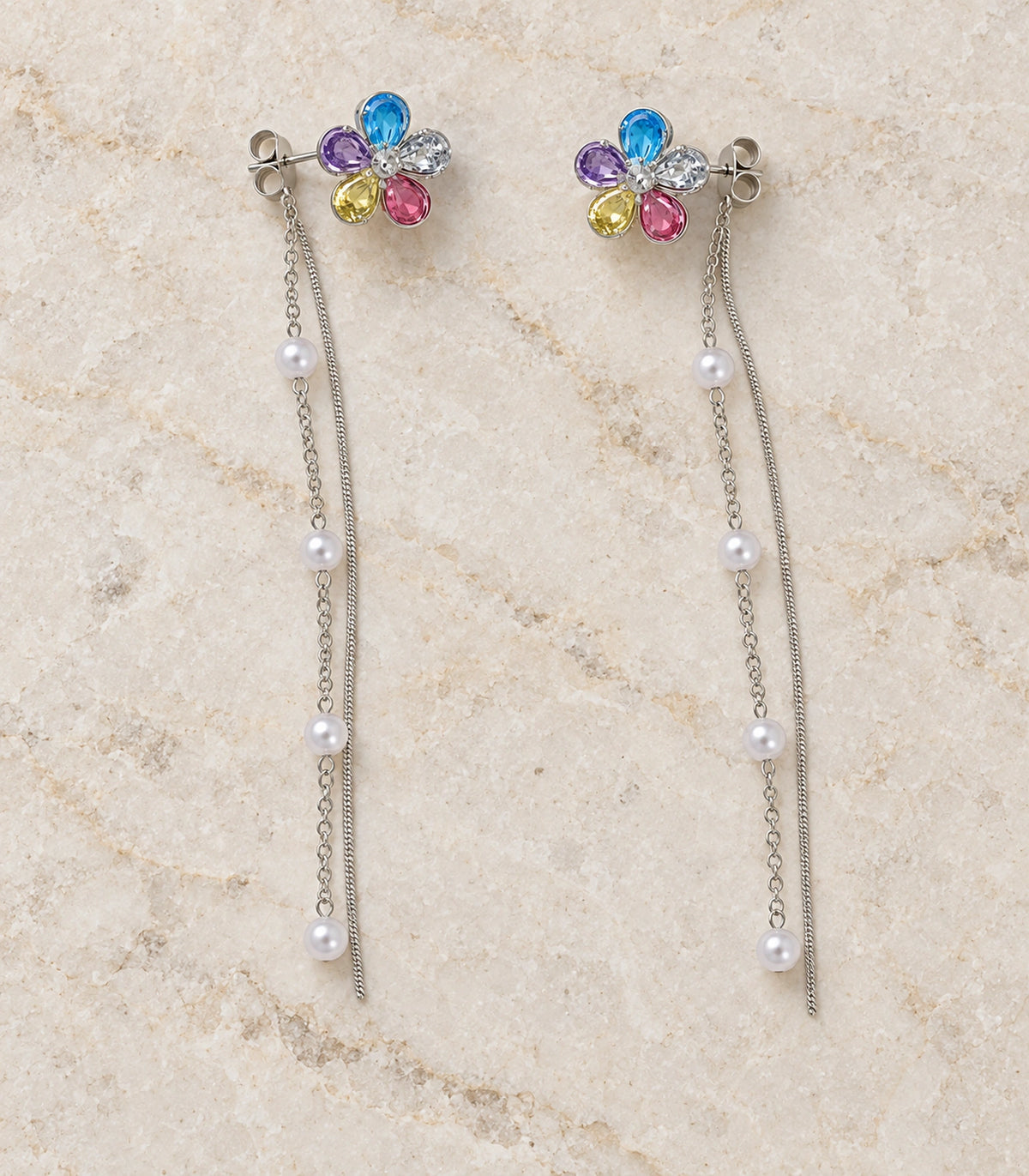 JIMIKI Silver Tone Multicolour Flower Pearl Chain Earring Pair in Silver-tone, editorial flat lay
