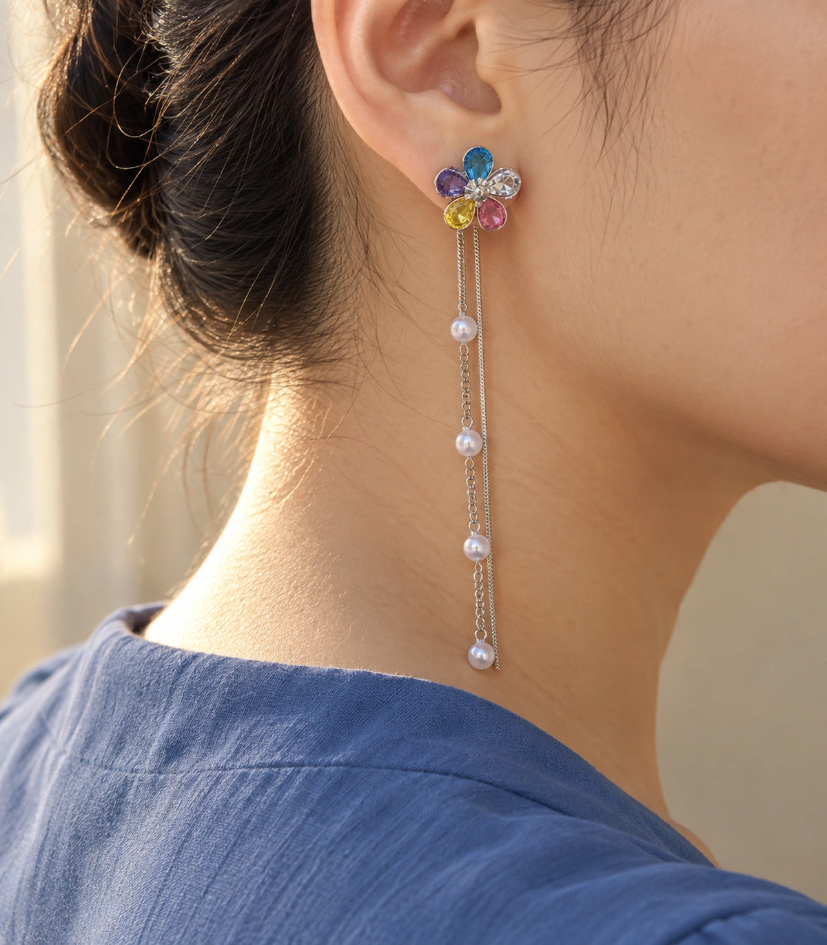JIMIKI Silver Tone Multicolour Flower Pearl Chain Earring Pair in Silver-tone, editorial model view