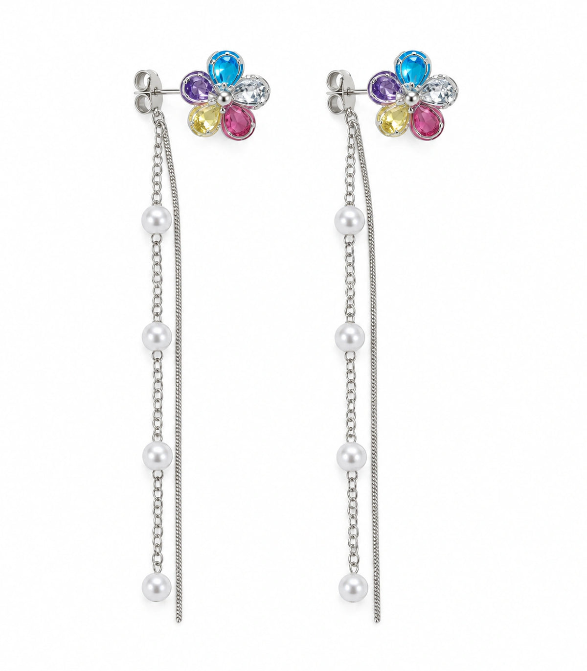 JIMIKI Silver Tone Multicolour Flower Pearl Chain Earring Pair in Silver-tone, white background product view