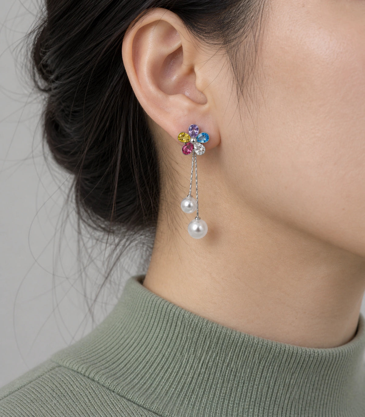JIMIKI Silver Tone Multicolour Flower Twin Pearl Drop Earring Pair in Silver-tone, model wearing view