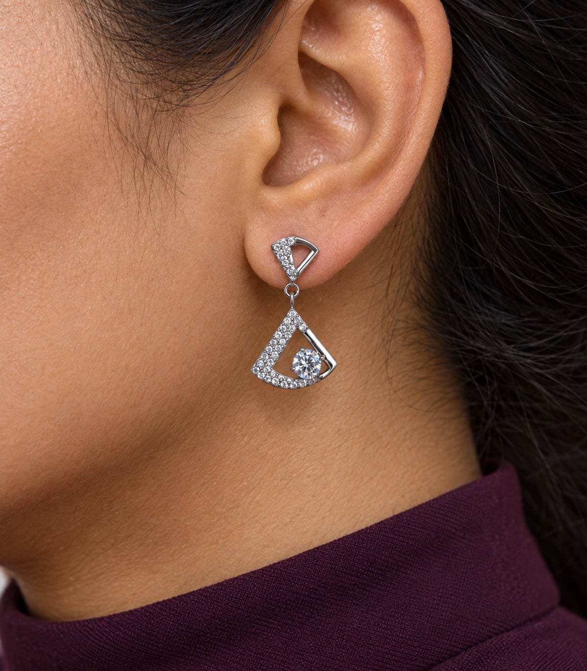 JIMIKI Open Fan Crystal Drop Earring Pair in Silver Tone, close-up detail #color_silver tone