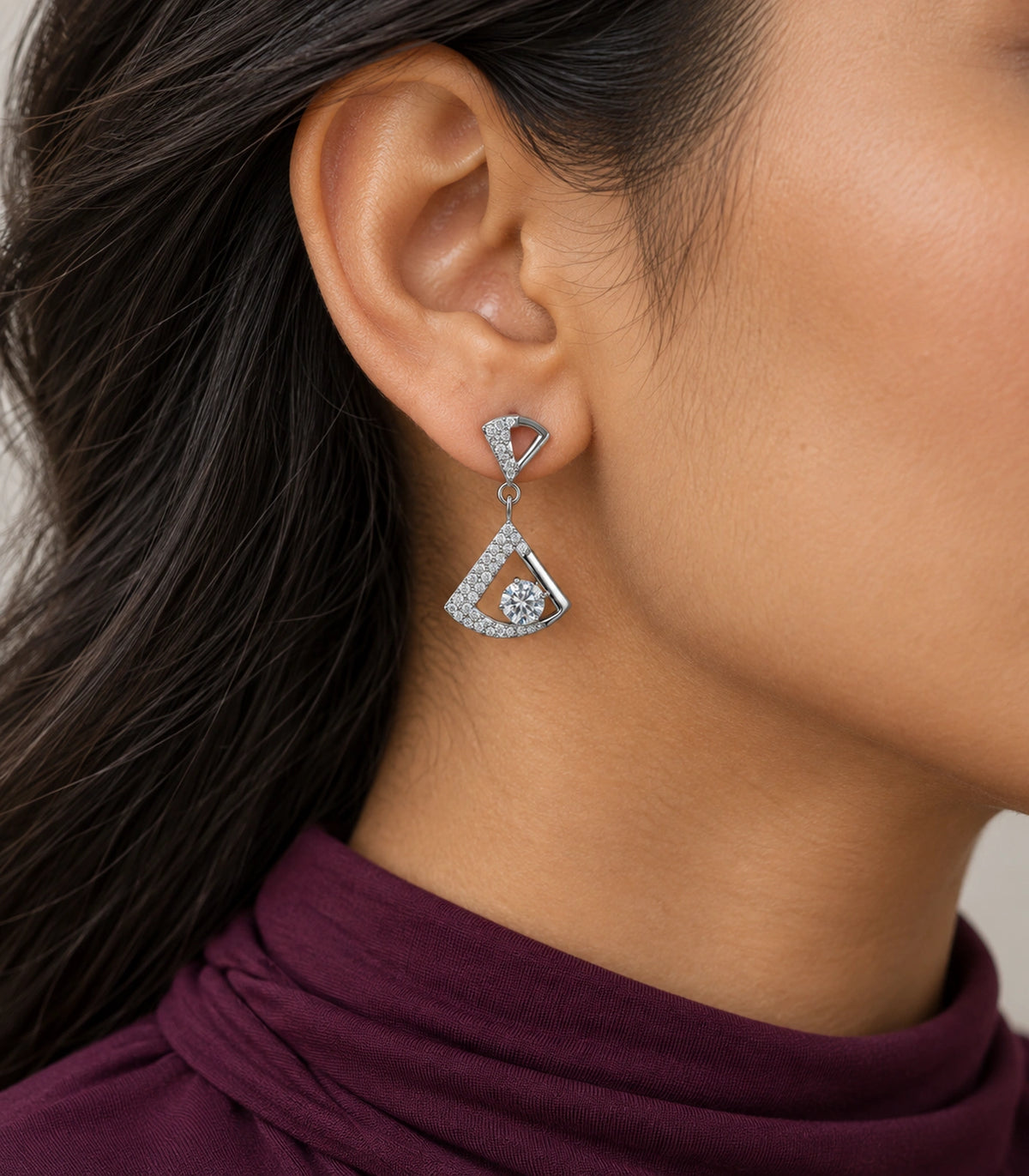 JIMIKI Open Fan Crystal Drop Earring Pair in Silver Tone, model wearing view #color_silver tone