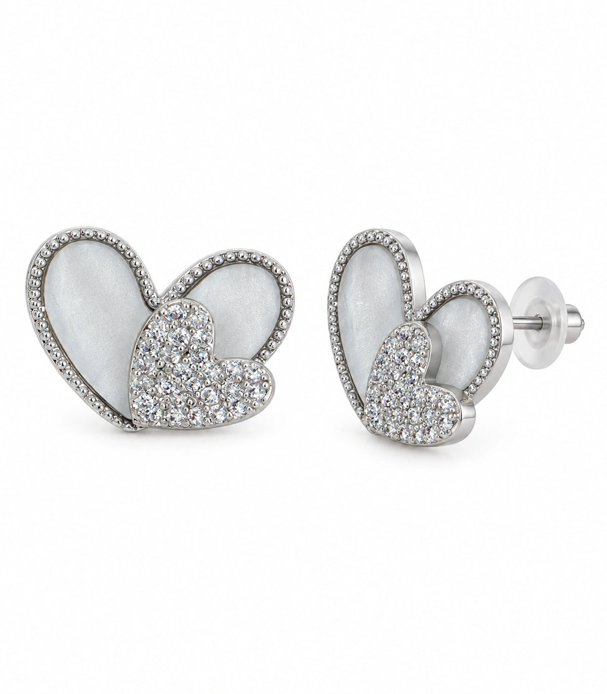 JIMIKI Open Heart Pave Heart Stud Earring Pair in Silver tone, white background product view #color_silver tone