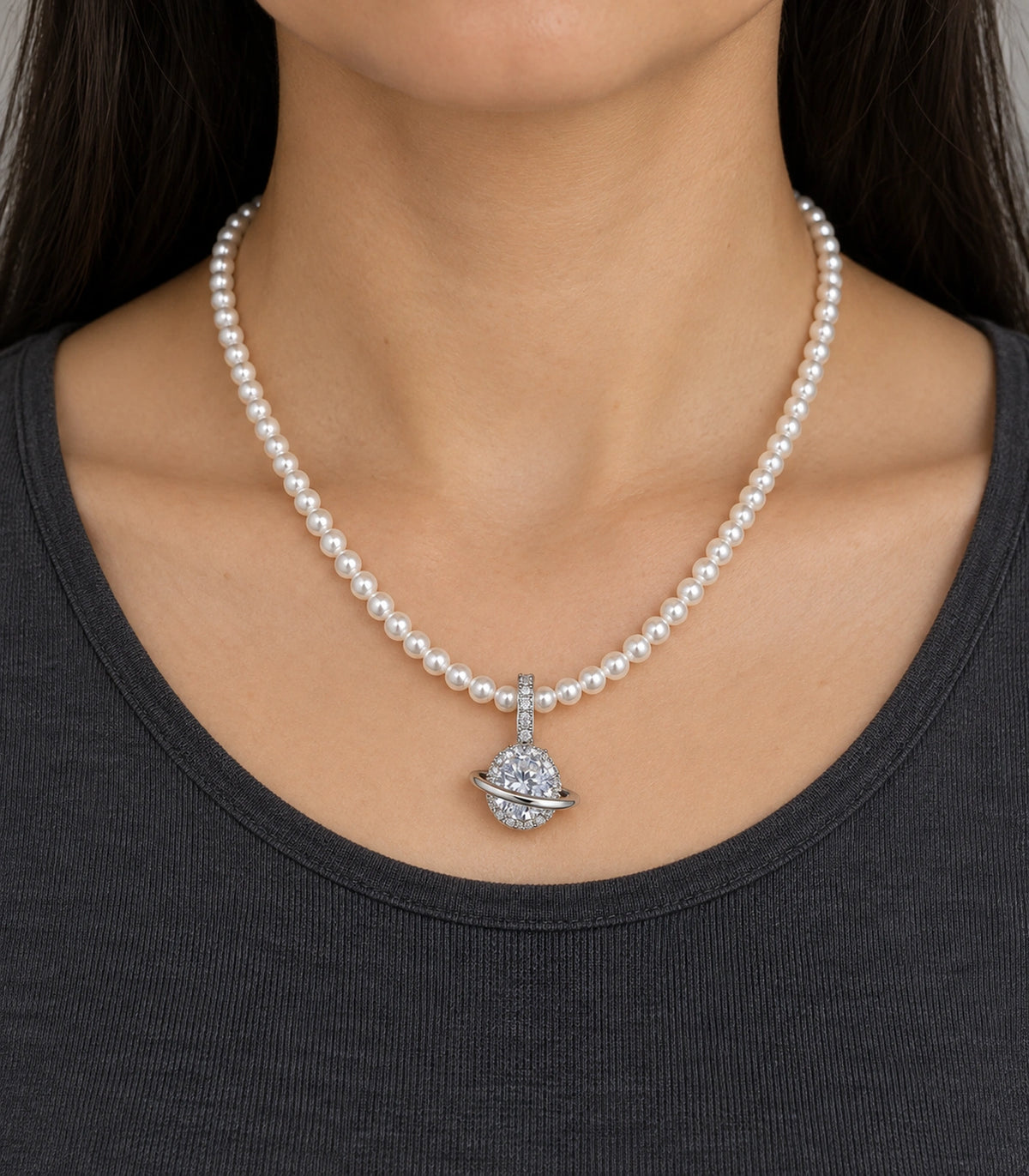 JIMIKI Silver Tone Orbit Crystal Pearl Style Necklace in Silver / White, model wearing view