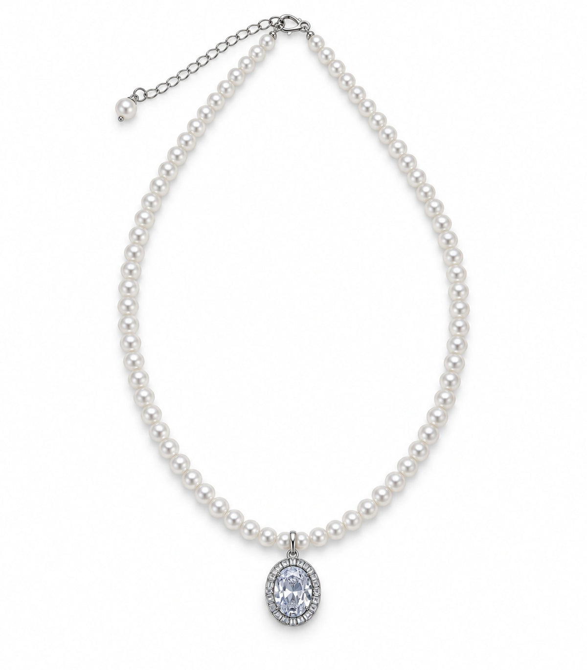 JIMIKI Silver-Tone Oval Baguette Halo Pearl Necklace in Silver-tone / clear / white, on a white background