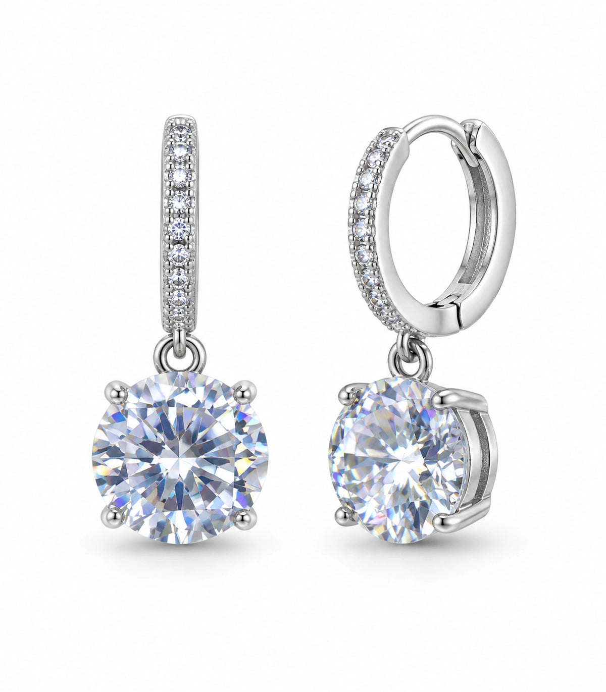JIMIKI Silver-Tone Oversized Round Solitaire Drop Huggie Earrings in Silver / Clear, white background product view