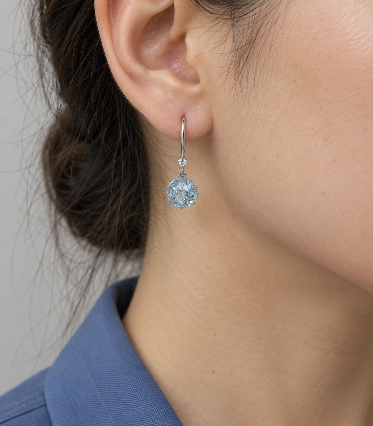 JIMIKI Silver Tone Pale Blue Crystal Ball Drop Earring Pair in Silver-tone, close-up detail