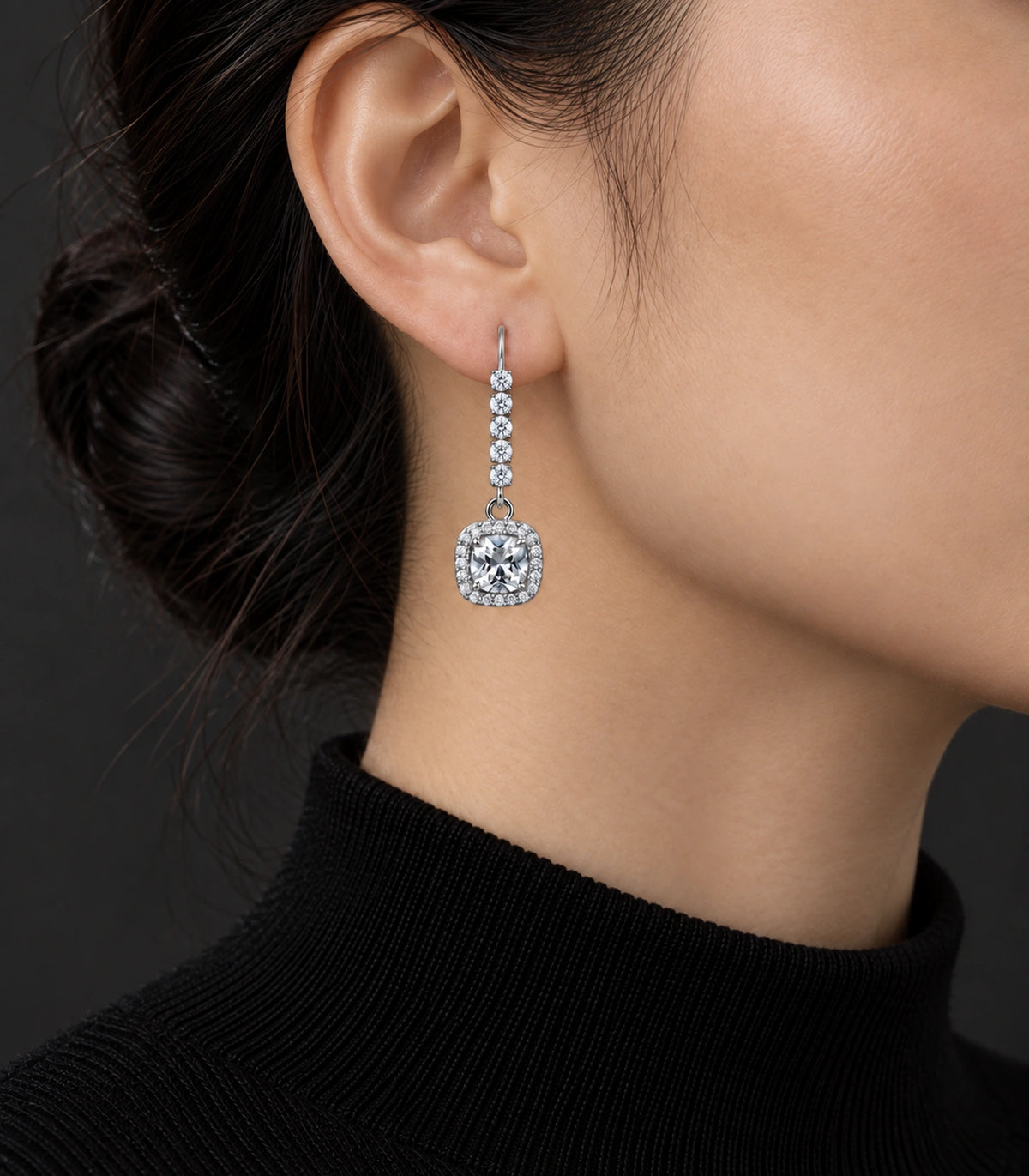 JIMIKI Cushion Halo Hook Drop Earring Pair in Silver tone / pale blue, editorial model view #color_silver tone / pale blue