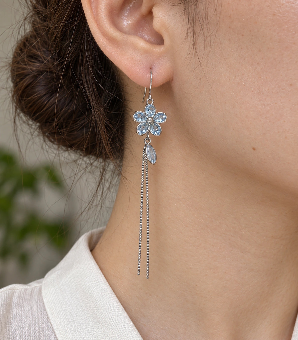 JIMIKI Silver Tone Pale Blue Flower Leaf Chain Earring Pair in Silver-tone, close-up detail