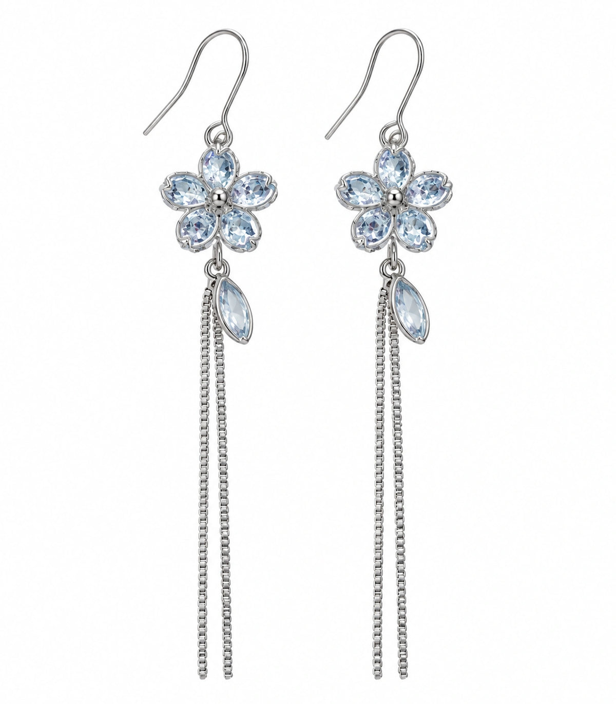 JIMIKI Silver Tone Pale Blue Flower Leaf Chain Earring Pair in Silver-tone, white background product view