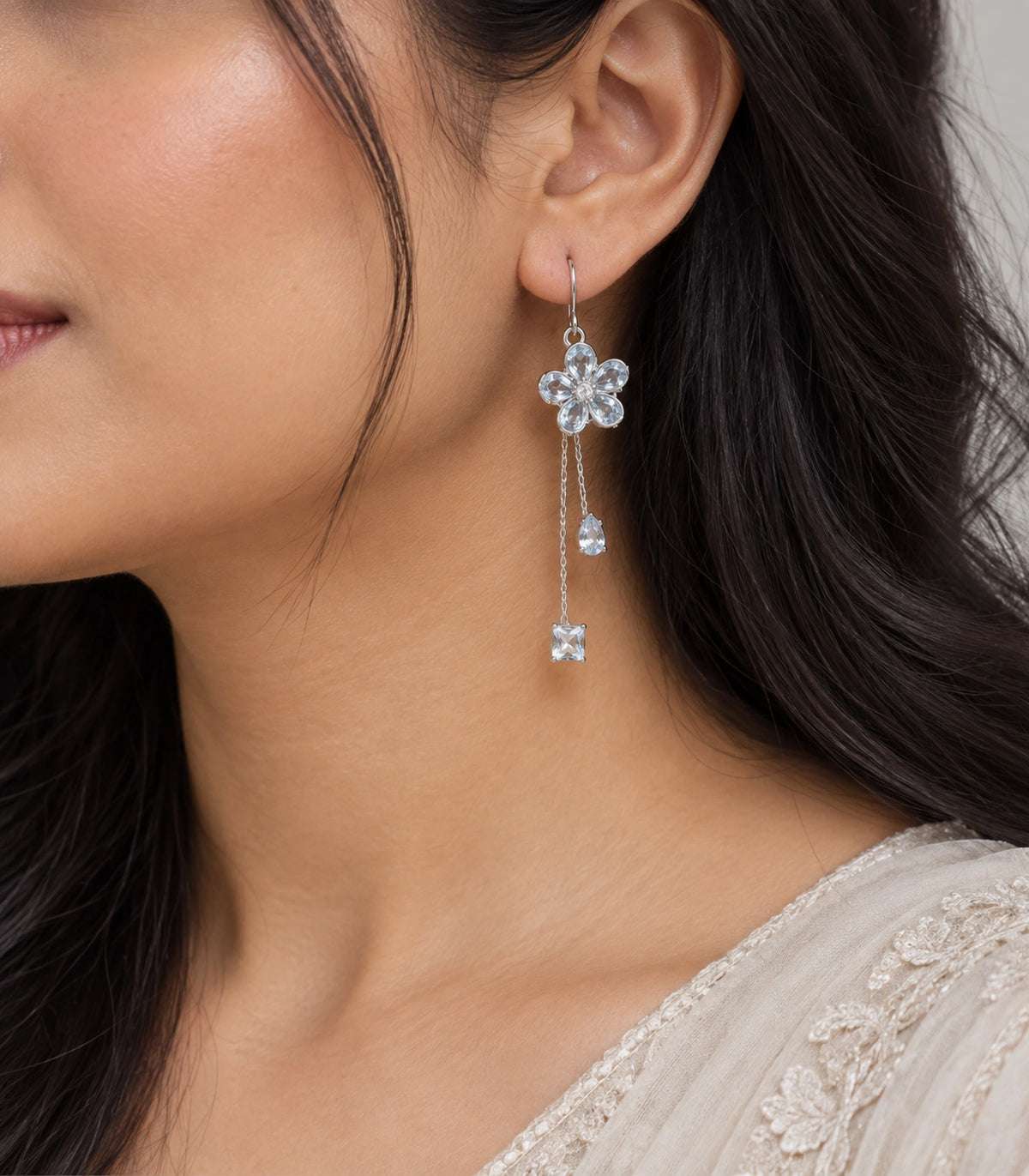JIMIKI Silver Tone Pale Blue Flower Pear Square Chain Earring Pair in Silver-tone, model wearing view