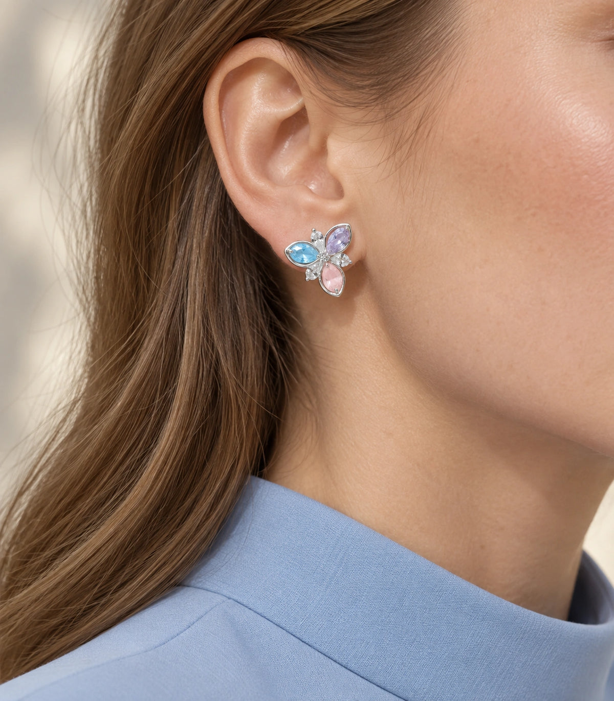 JIMIKI Silver Tone Pastel Multicolour Pear Cluster Stud Earring Pair in Multicolour, editorial model view