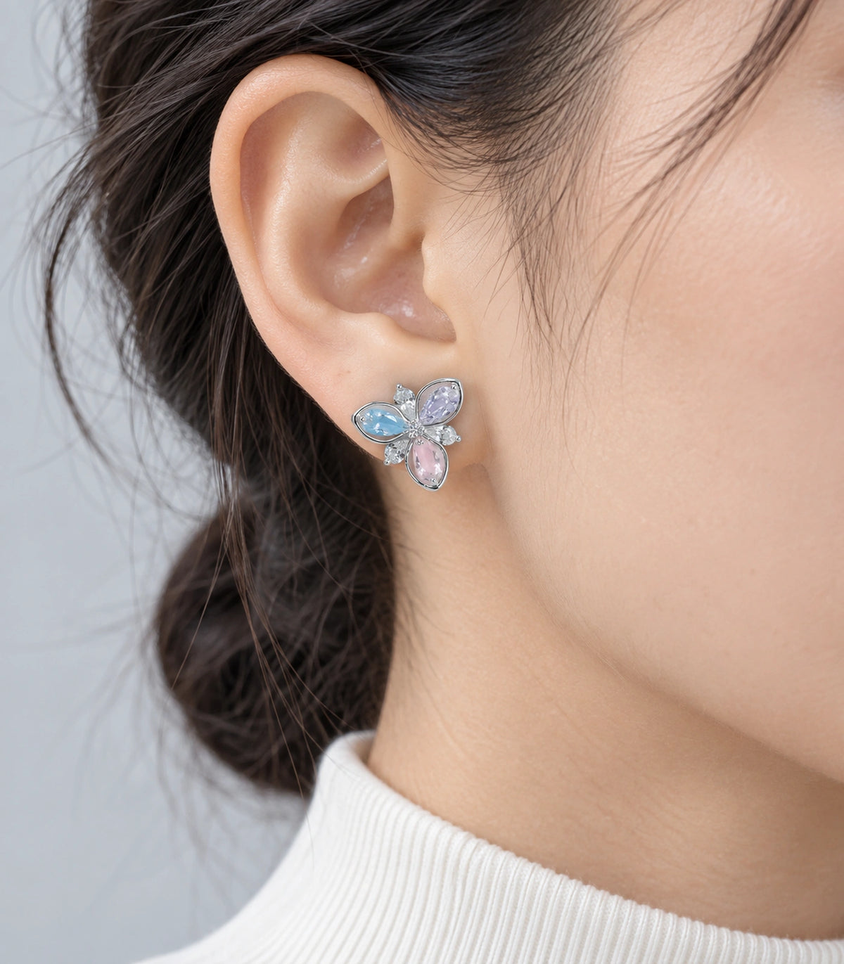 JIMIKI Silver Tone Pastel Multicolour Pear Cluster Stud Earring Pair in Multicolour, model wearing view