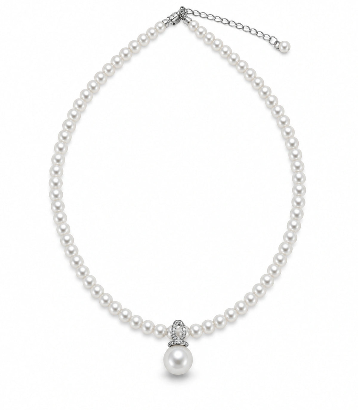JIMIKI Silver-Tone Pavé Bail Pearl Drop Necklace in Silver-tone / white, on a white background