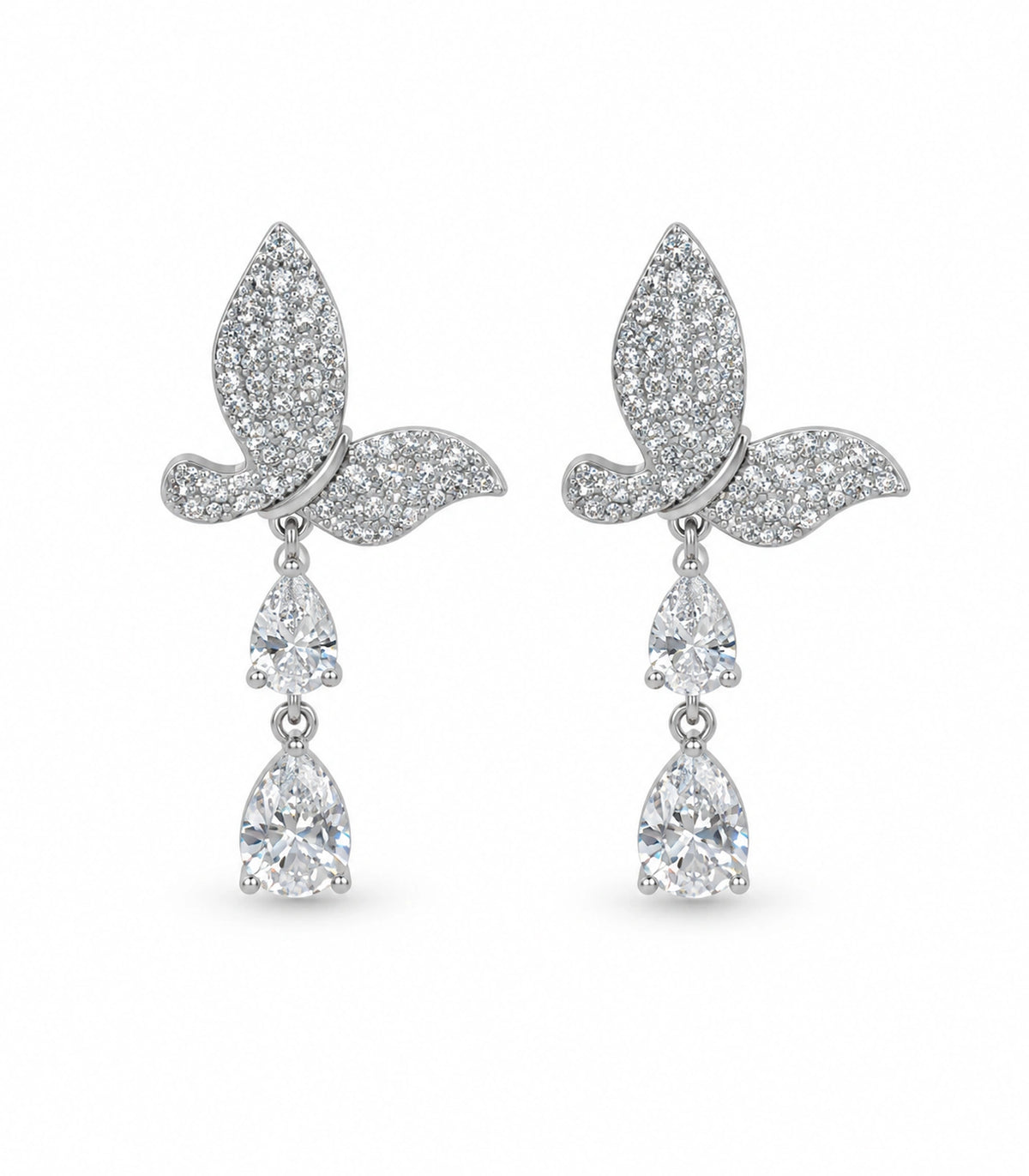 JIMIKI Pave Butterfly Double Teardrop Earring Pair in Silver-tone, white background product view #color_silver-tone