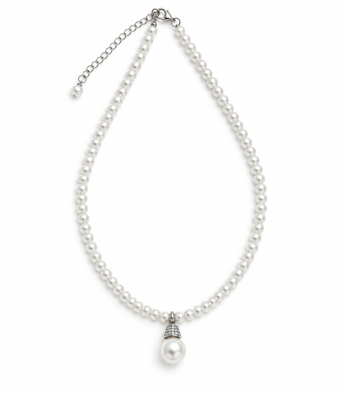 JIMIKI Silver-Tone Pavé Cap Pearl Drop Necklace in Silver-tone / clear / white, on a white background