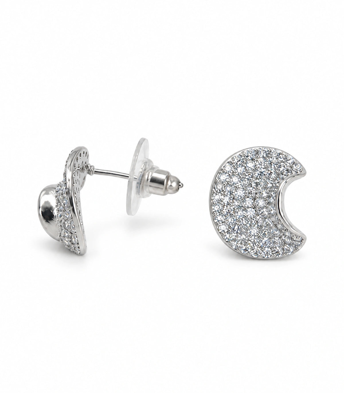 JIMIKI Pave Crescent Moon Stud Earring Pair in Silver-tone, white background product view #color_silver-tone