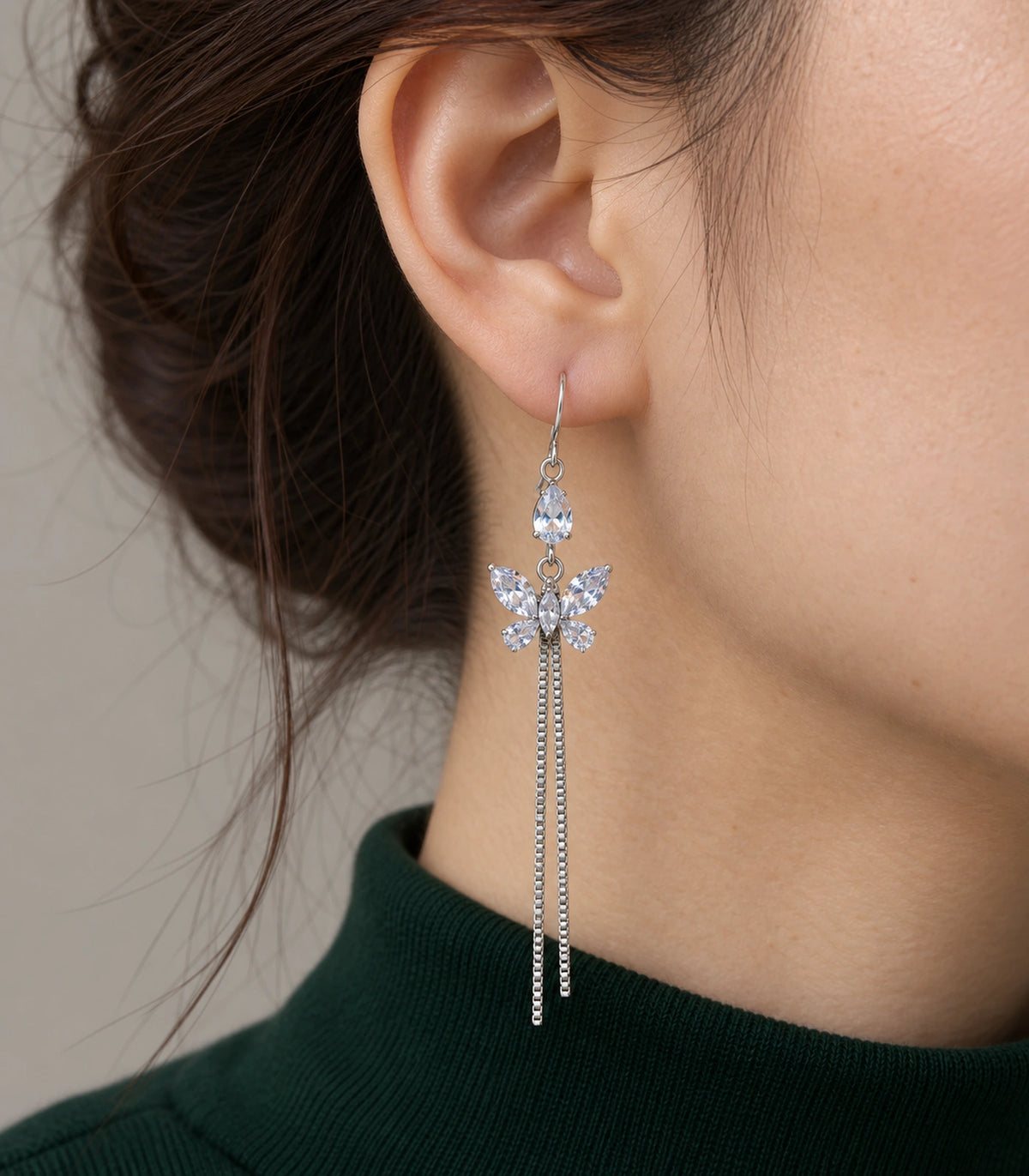 JIMIKI Silver Tone Pear Butterfly Twin Chain Earring Pair in Silver-tone, close-up detail