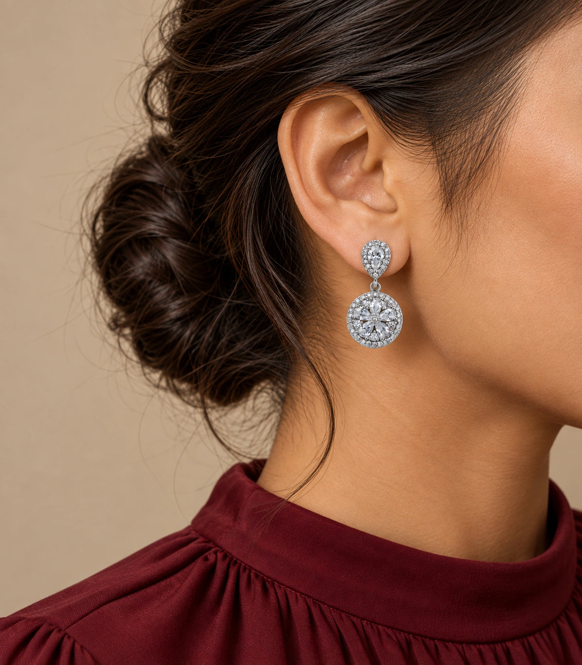 JIMIKI Silver-Tone Pear and Round Cluster Drop Earrings in Silver-tone, editorial model view