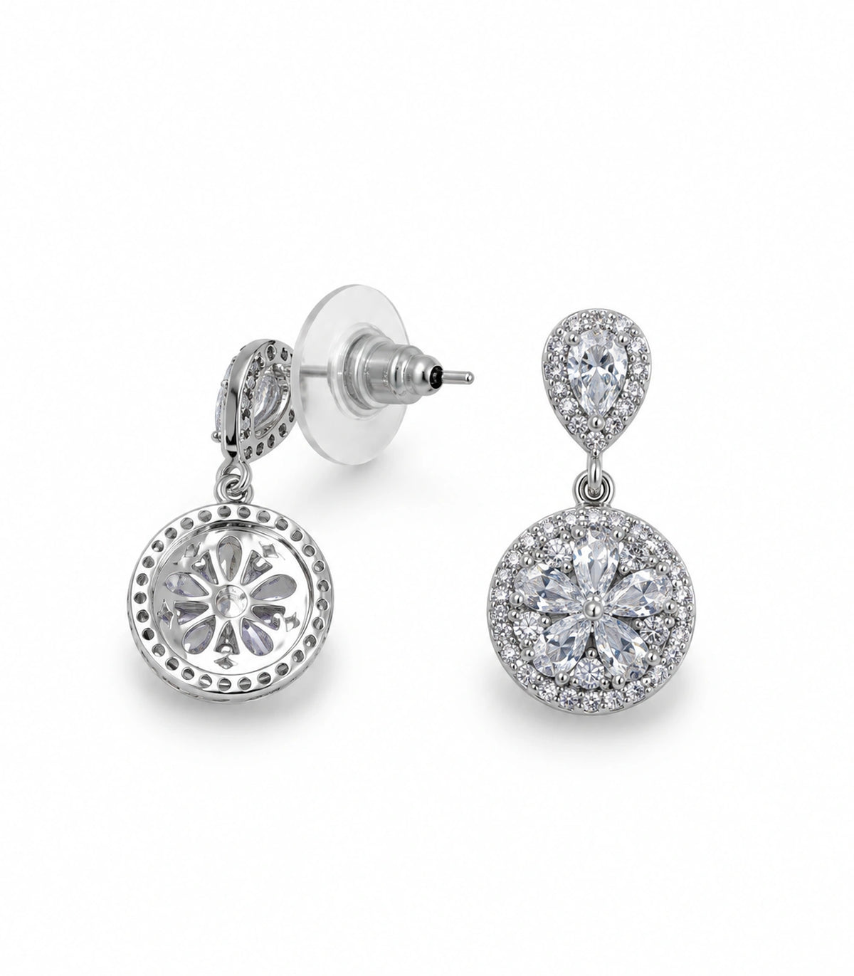 JIMIKI Silver-Tone Pear and Round Cluster Drop Earrings in Silver-tone, white background product view