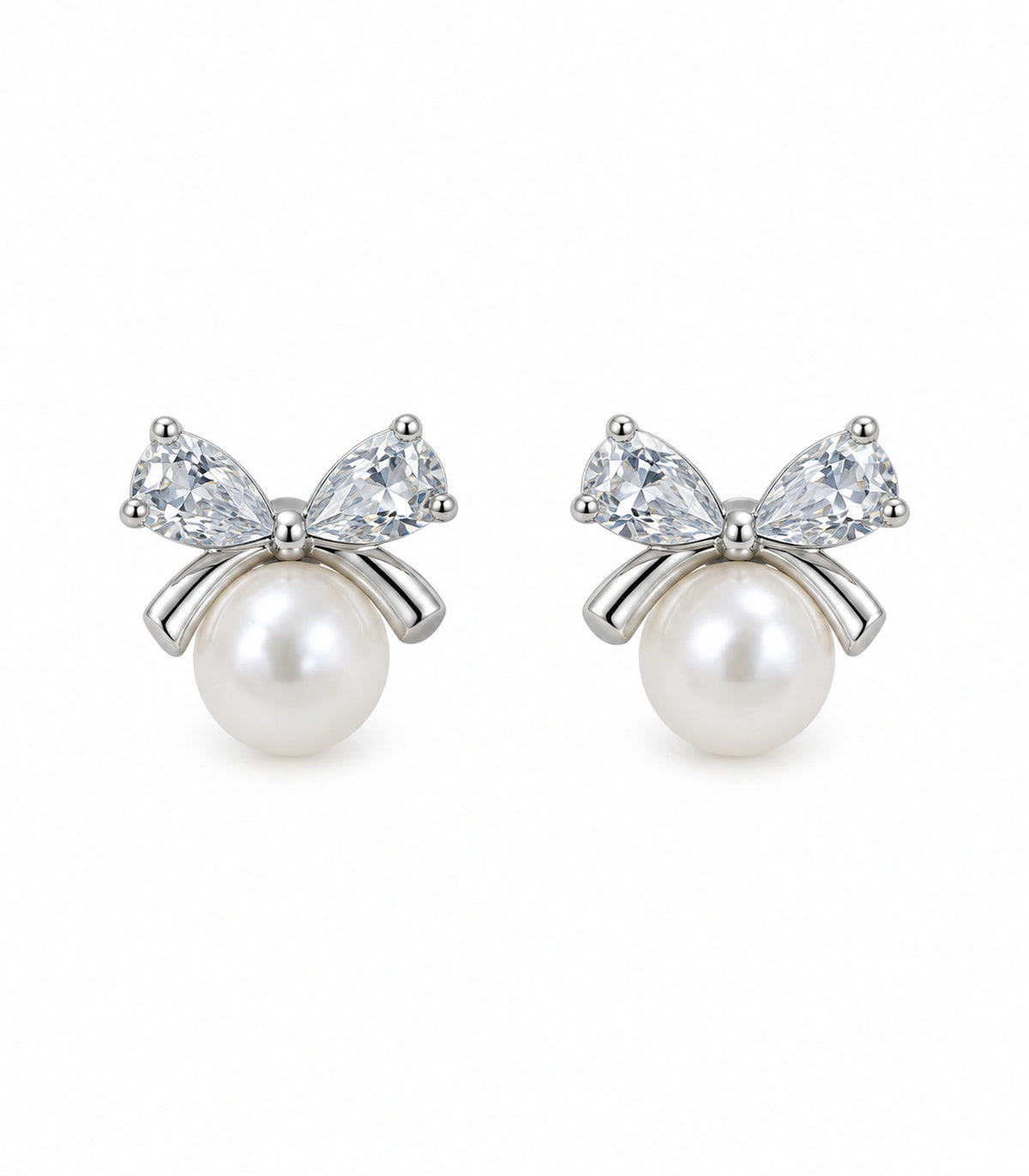 JIMIKI Silver-Tone Pearl Crystal Bow Stud Earrings in Silver / White, white background product view