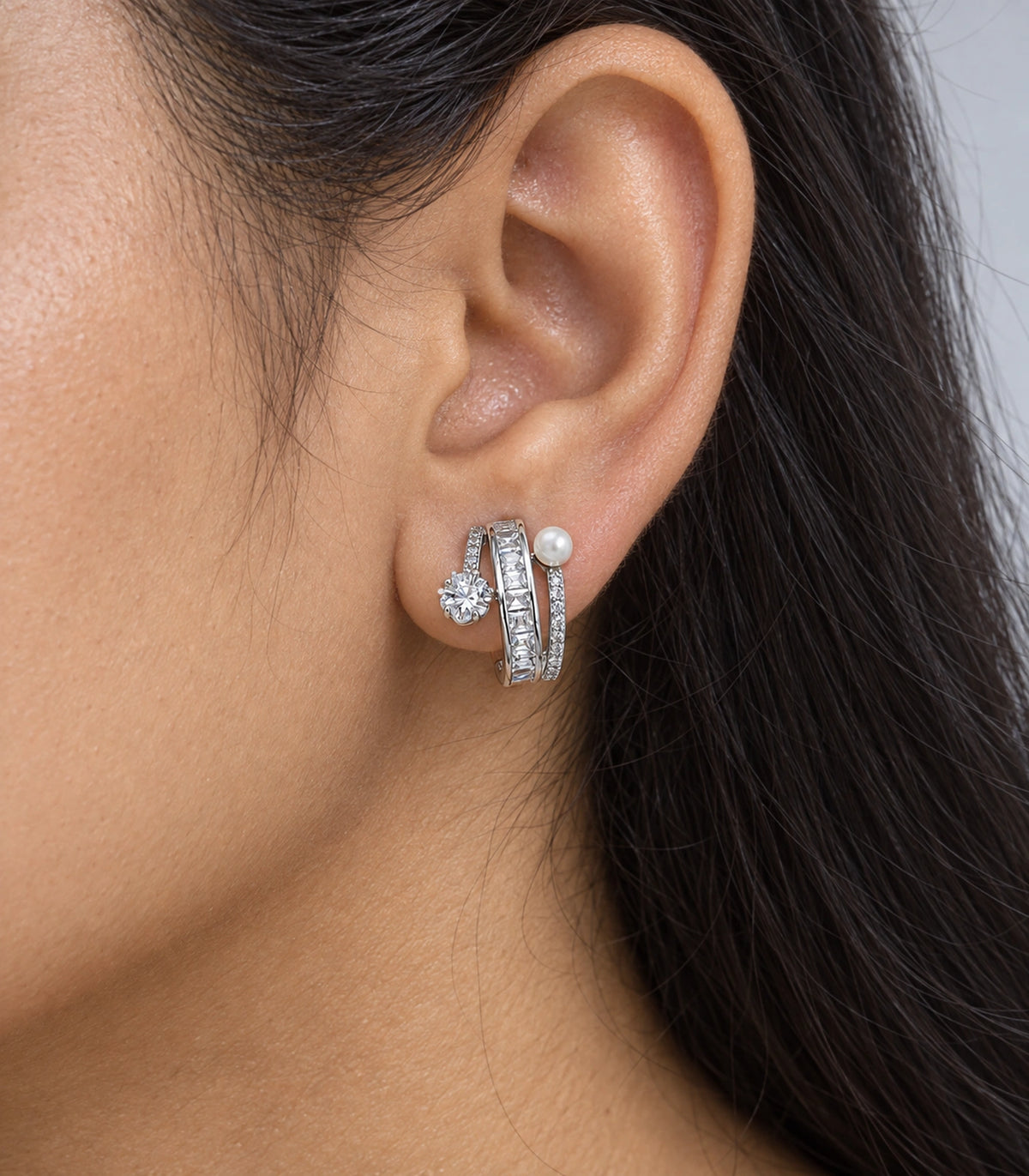 JIMIKI Silver-Tone Pearl Crystal Multi-Row Hoop Earrings in Silver / Clear / White, close-up detail